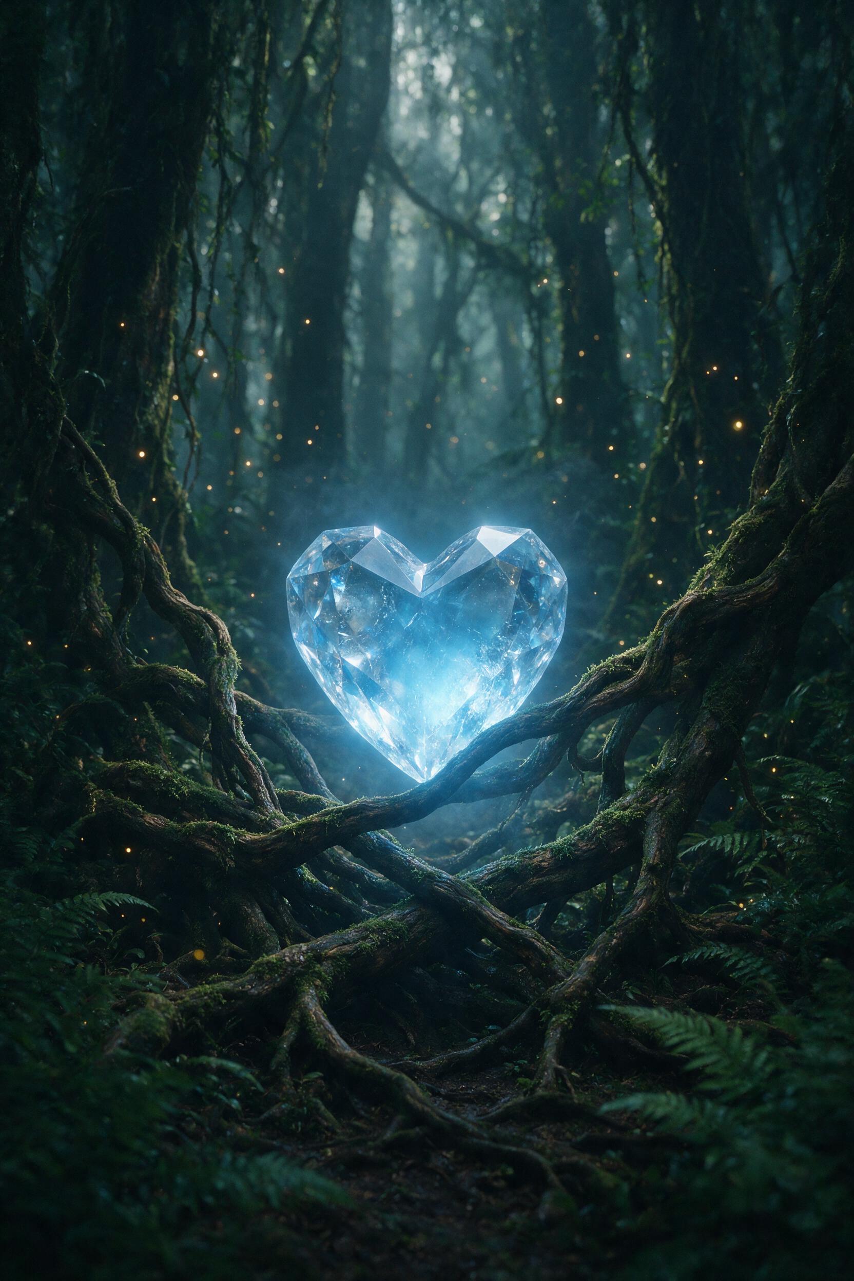 A glowing crystal heart suspended in a dark, misty forest, roots intertwining around it, soft blue bioluminescent light, fireflies, shallow depth of field, cinematic moody lighting, slight haze, 35mm lens