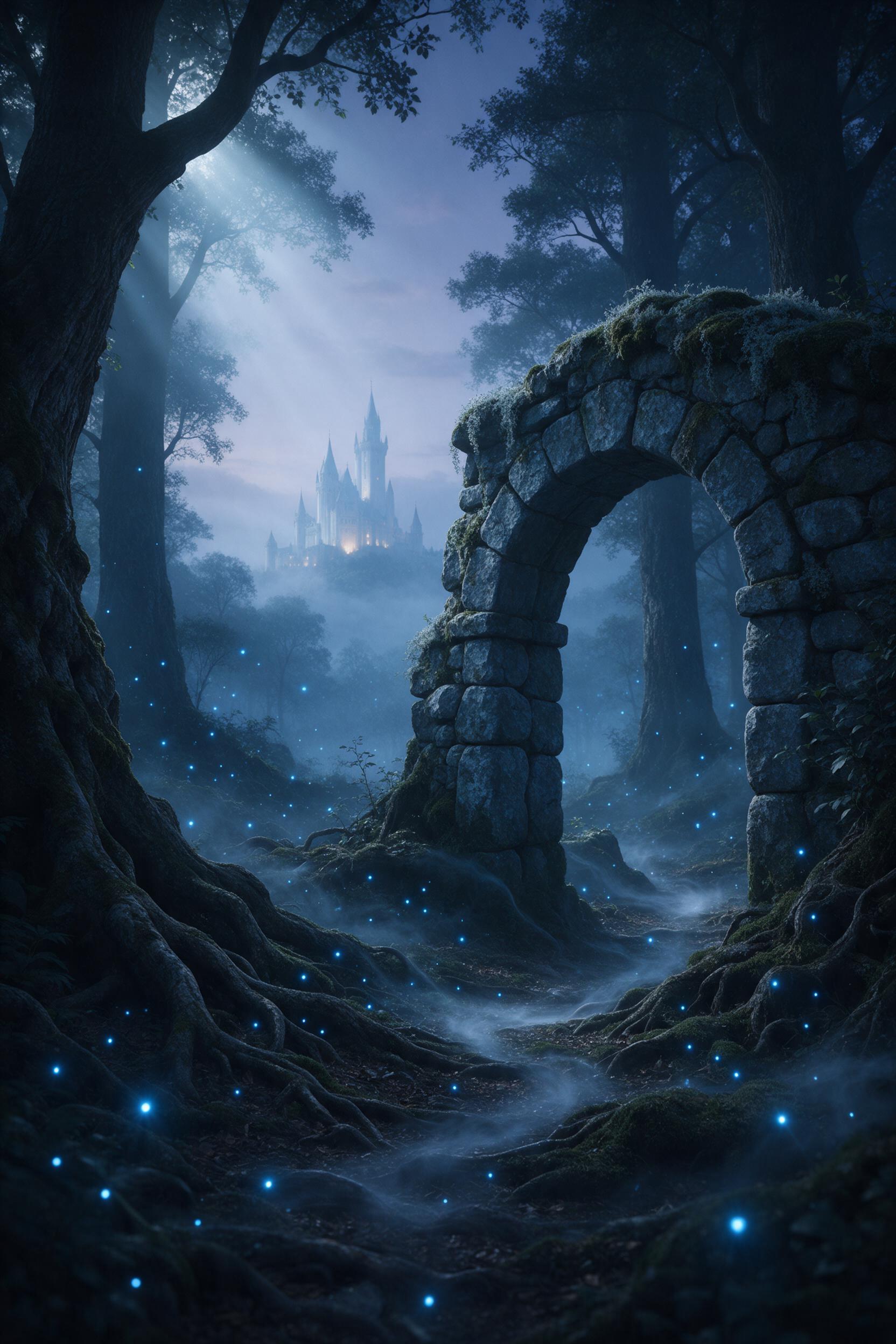 Ancient moss-covered stone archway in a misty twilight forest, glowing blue fireflies weaving between gnarled roots, a faint silver path leading to a distant luminous castle, cool air visible, soft volumetric light from above, cinematic composition with foreground framing