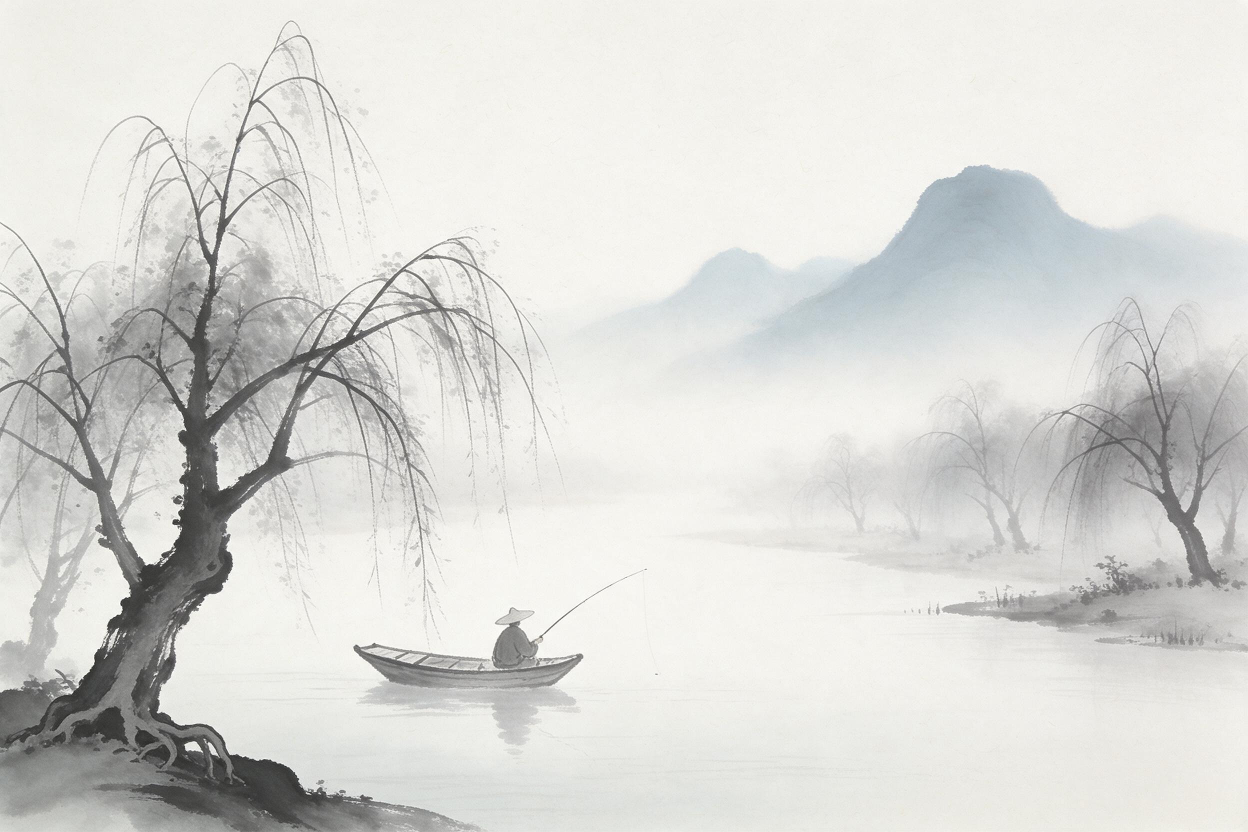 A quiet misty river flanked by ancient willows, small wooden boat with a lone fisherman in a straw hat, distant blue mountains fading into fog, soft morning light, ink wash painting style with flowing brushstrokes, subtle paper texture, negative space dominating the composition