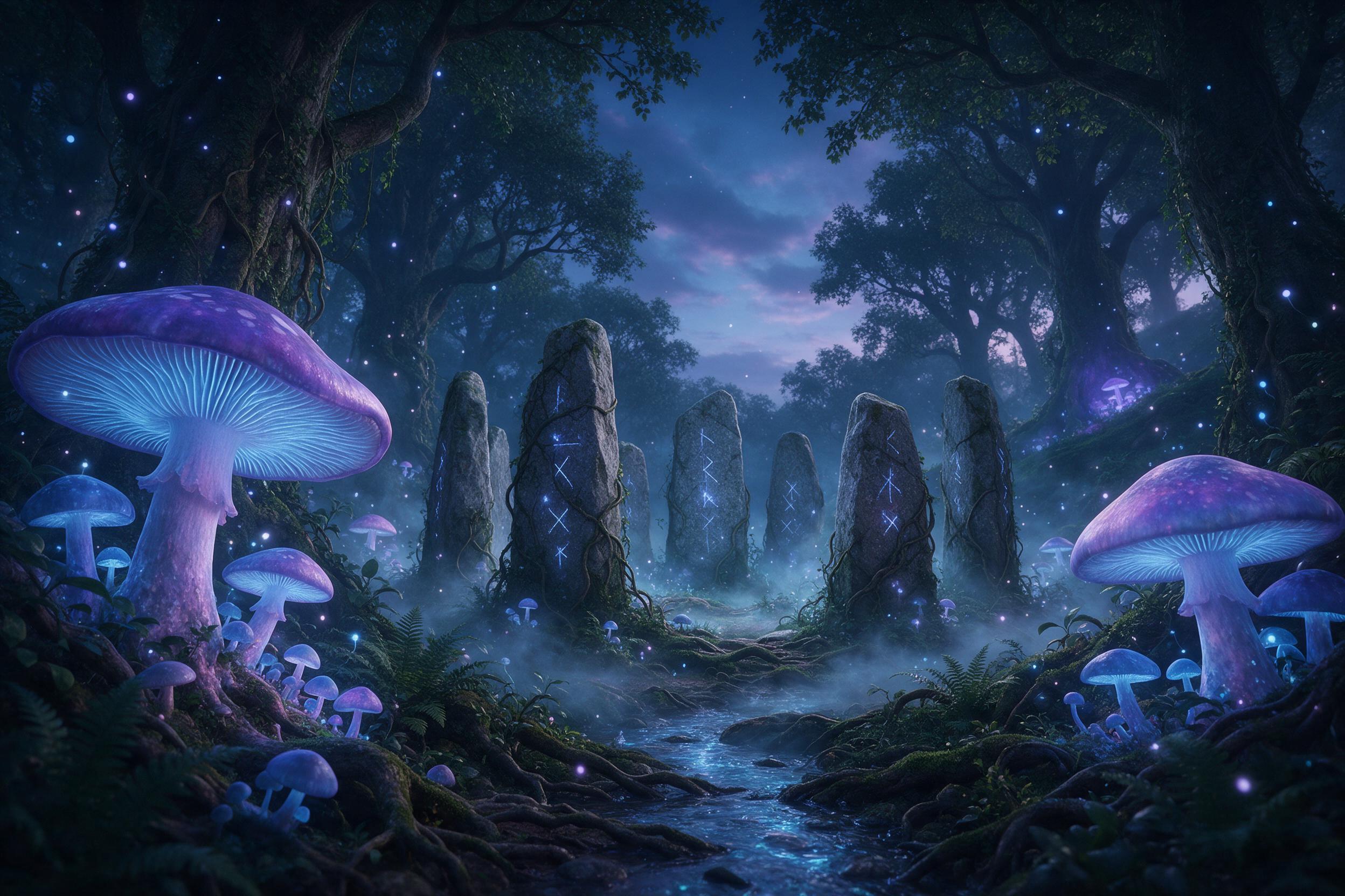 An ancient forest glade at twilight, where giant bioluminescent mushrooms glow in soft blue and violet, their spores drifting like tiny stars; a silver mist weaves between moss-covered roots and ferns; in the center, a stone circle half-swallowed by vines, with runes flickering faintly. Composition: