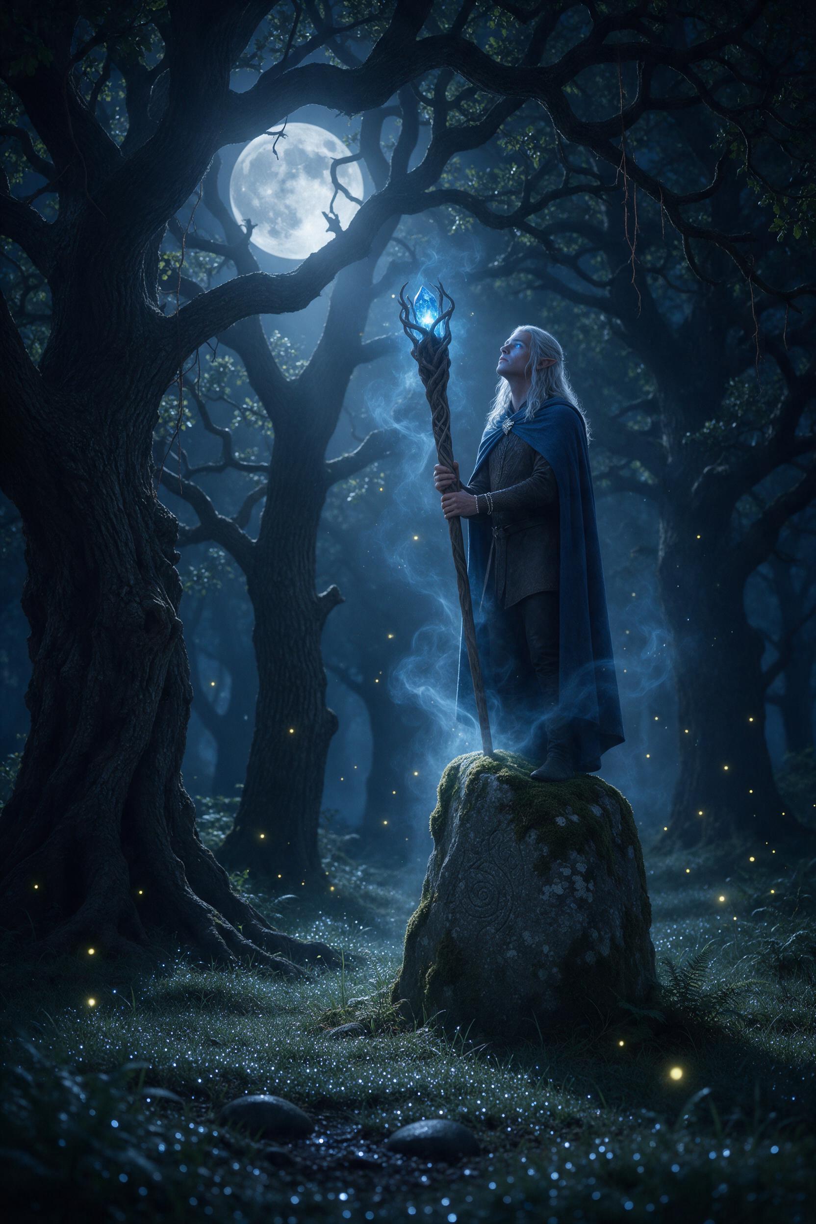 In a moonlit ancient forest, a silver-haired elf stands on a moss-covered stone, eyes glowing faintly, holding a staff with a crystal tip emitting soft blue mist that swirls around fireflies; deep shadows between gnarled oaks, cool moonlight filtering through canopy, dewy grass reflecting pale light