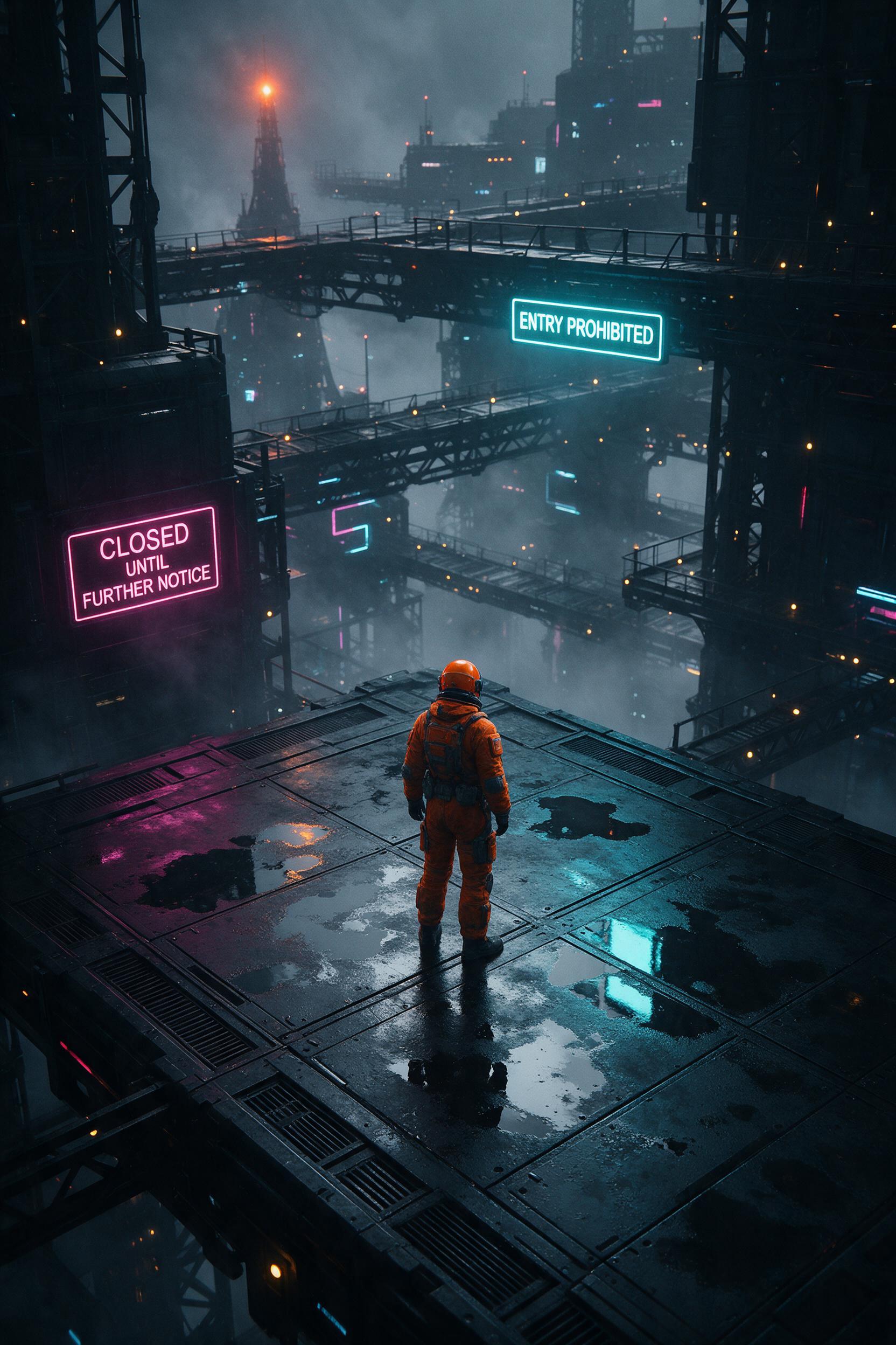 A lone figure in a worn, orange spacesuit stands on a rain-slicked platform of a towering megastructure, angular neon signs reflecting in puddles. Dense fog drifts between latticed walkways. Dramatic low-key lighting with cyan and magenta accents. Composition: point of view from above, emphasizing d