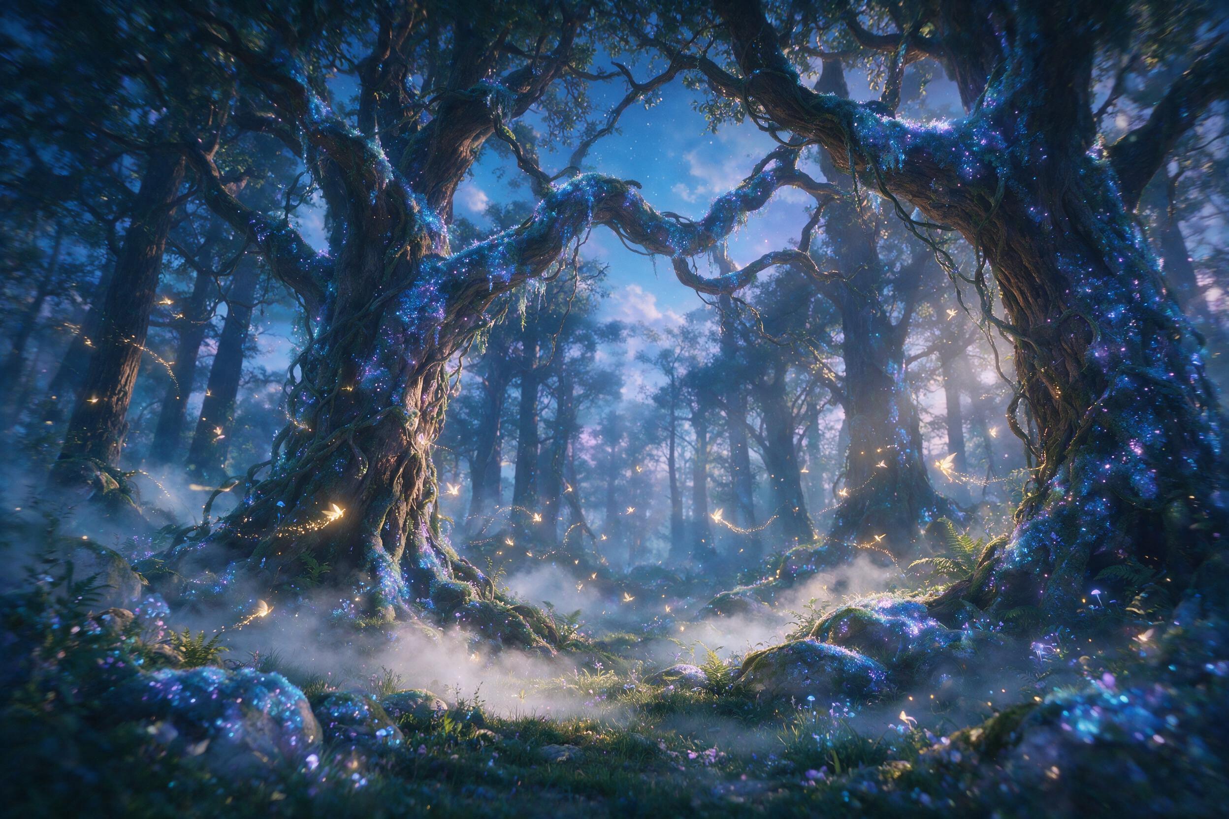 Ethereal glowing forest at twilight, massive ancient trees with bioluminescent blue and purple moss, tiny winged fairies leaving golden light trails, soft mist hugging the ground, warm amber light filtering through canopy, shallow depth of field, slight camera shake, magical atmosphere