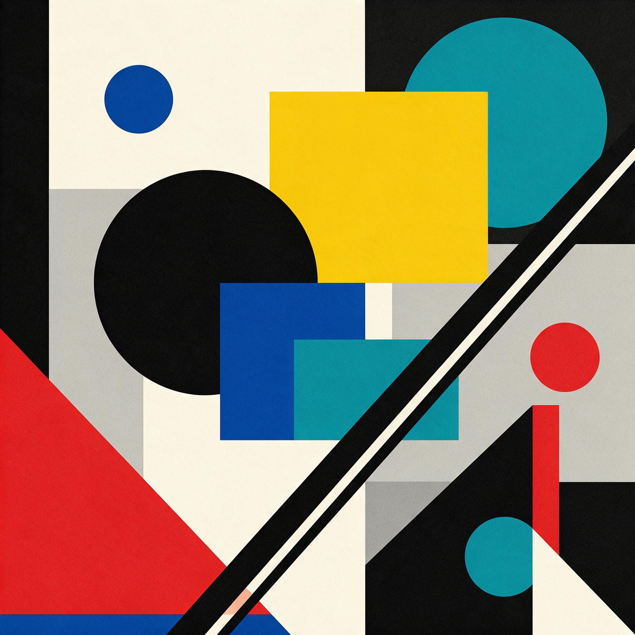 Geometric abstract composition in Bauhaus style, primary colors with teal, intersecting shapes, modern art