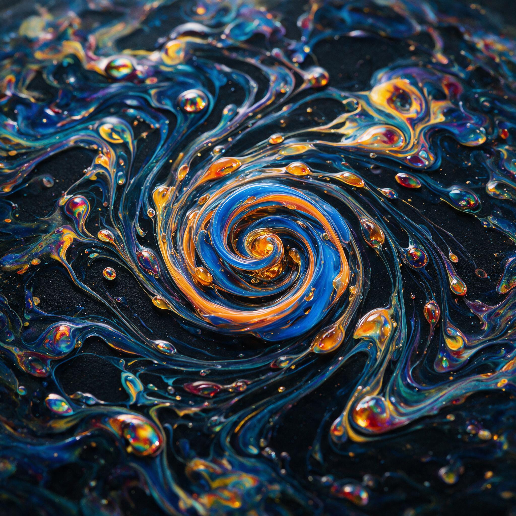 A close-up of swirling oil and water on a dark surface, creating colorful, organic abstract shapes. The scene uses soft, diffused studio lighting to highlight the glossy reflections. The composition is balanced with a centralized focal point of a bright blue and orange spiral, surrounded by deeper, 