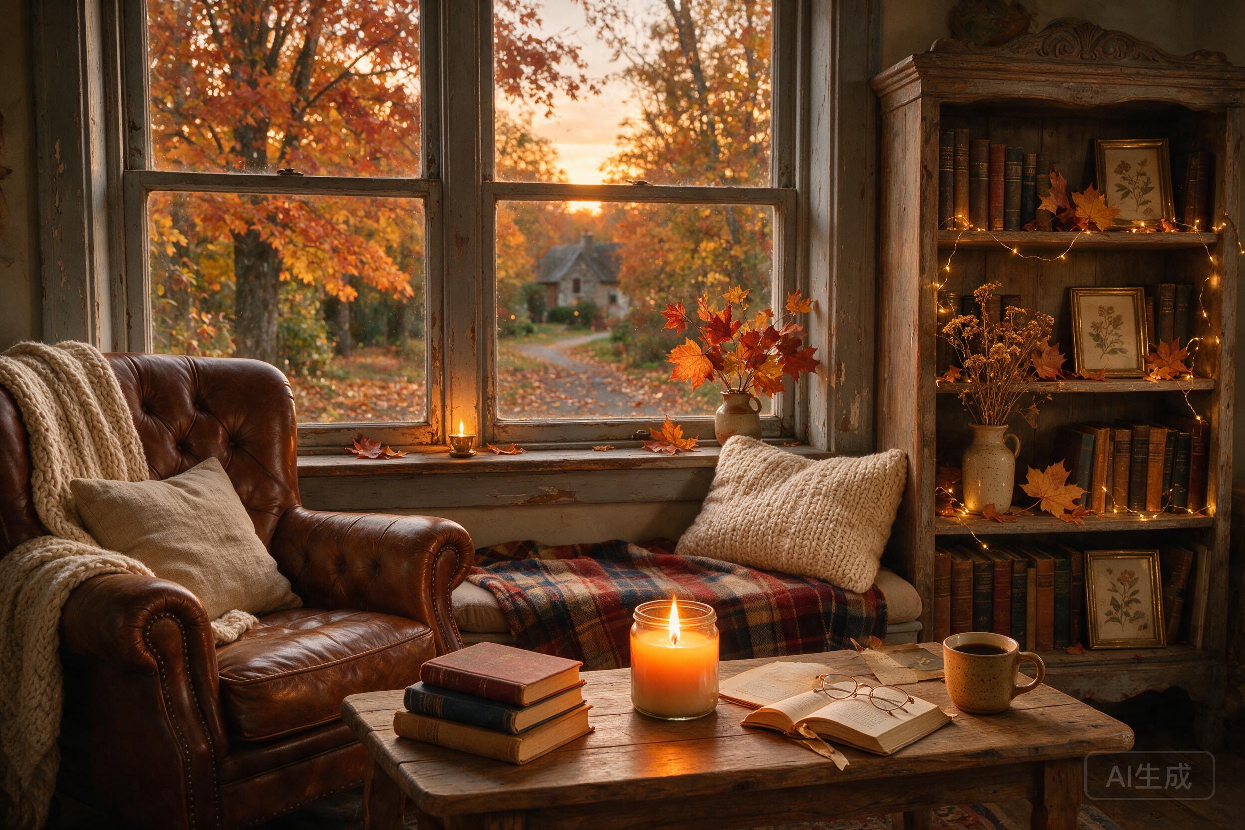 A cozy reading nook by a window, autumn leaves outside, warm candlelight, books stacked on a wooden table, vintage decor