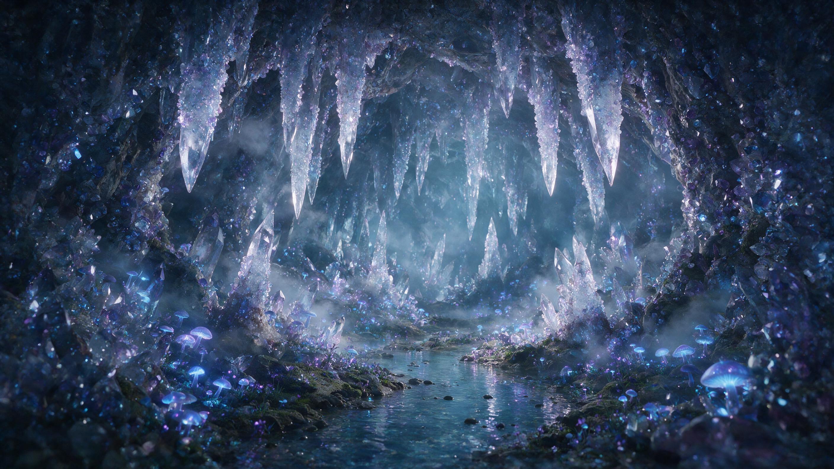 A luminous crystal cave deep underground, bioluminescent fungi casting soft blue and purple light on jagged mineral formations, a small stream reflecting the glow, mist swirling around stalactites, cinematic composition with depth of field, ethereal atmosphere