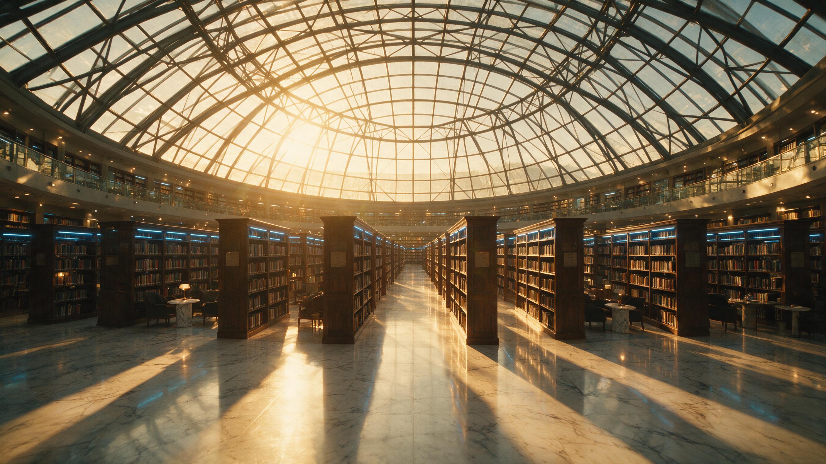A futuristic library with a sweeping glass dome, warm golden hour light filtering through, casting long shadows on polished marble floors, rows of bookshelves fading into the distance, slight lens flare, soft ambient glow, no people, grand scale