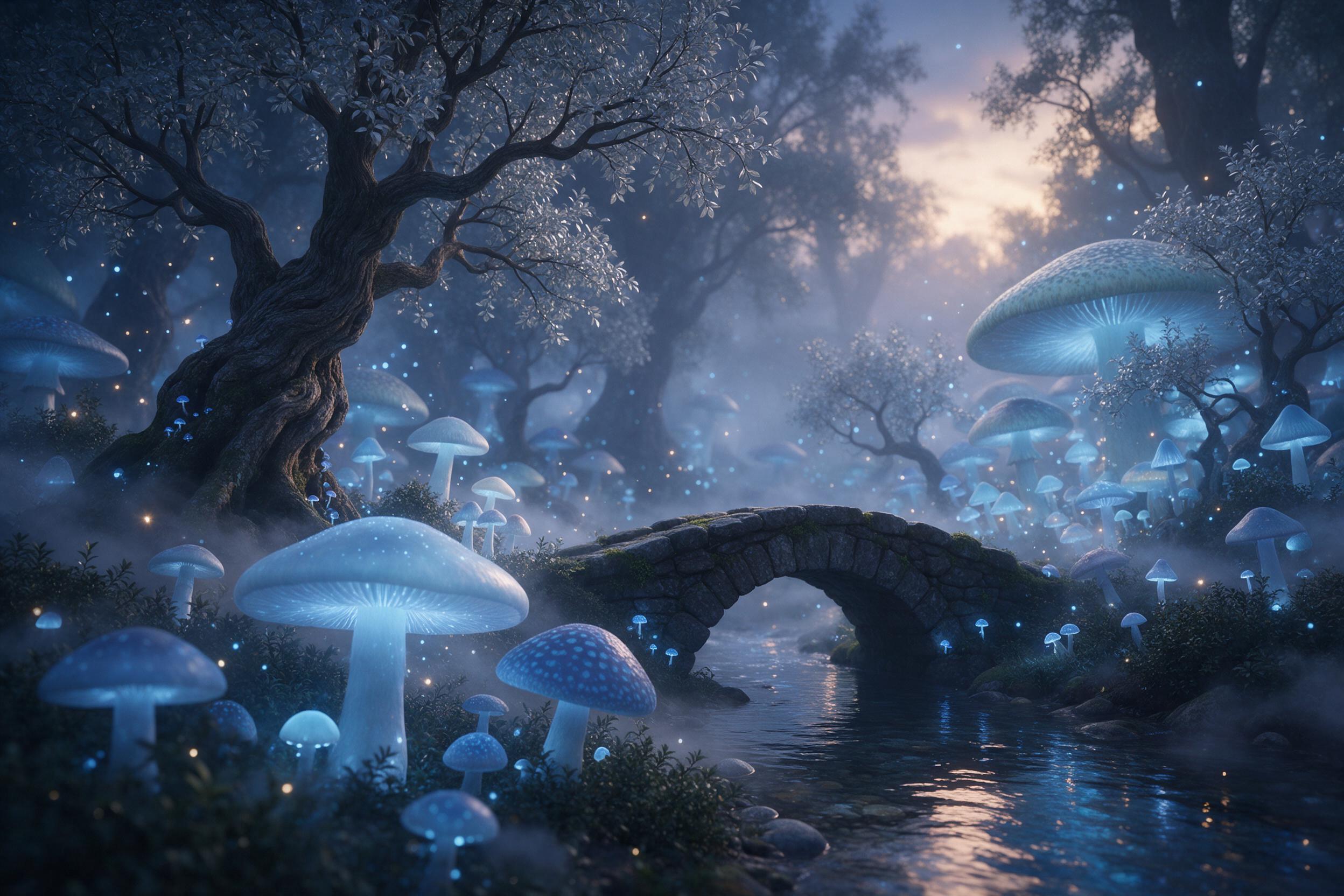 A misty enchanted forest at twilight, colossal glowing mushrooms emitting soft blue bioluminescence, ancient twisted trees with silver leaves, a small stone bridge over a crystal-clear stream reflecting the ethereal light, fireflies and floating magical spores in the air, low-angle view emphasizing 