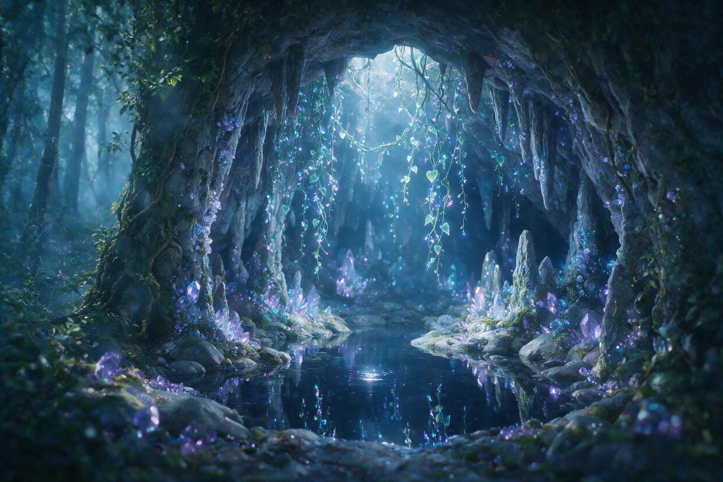 A luminous crystal cave hidden beneath a misty forest, bioluminescent vines hanging from the ceiling, reflecting in a still pool of water, soft blue and purple light, shallow depth of field, cinematic composition, slightly desaturated, natural grain.