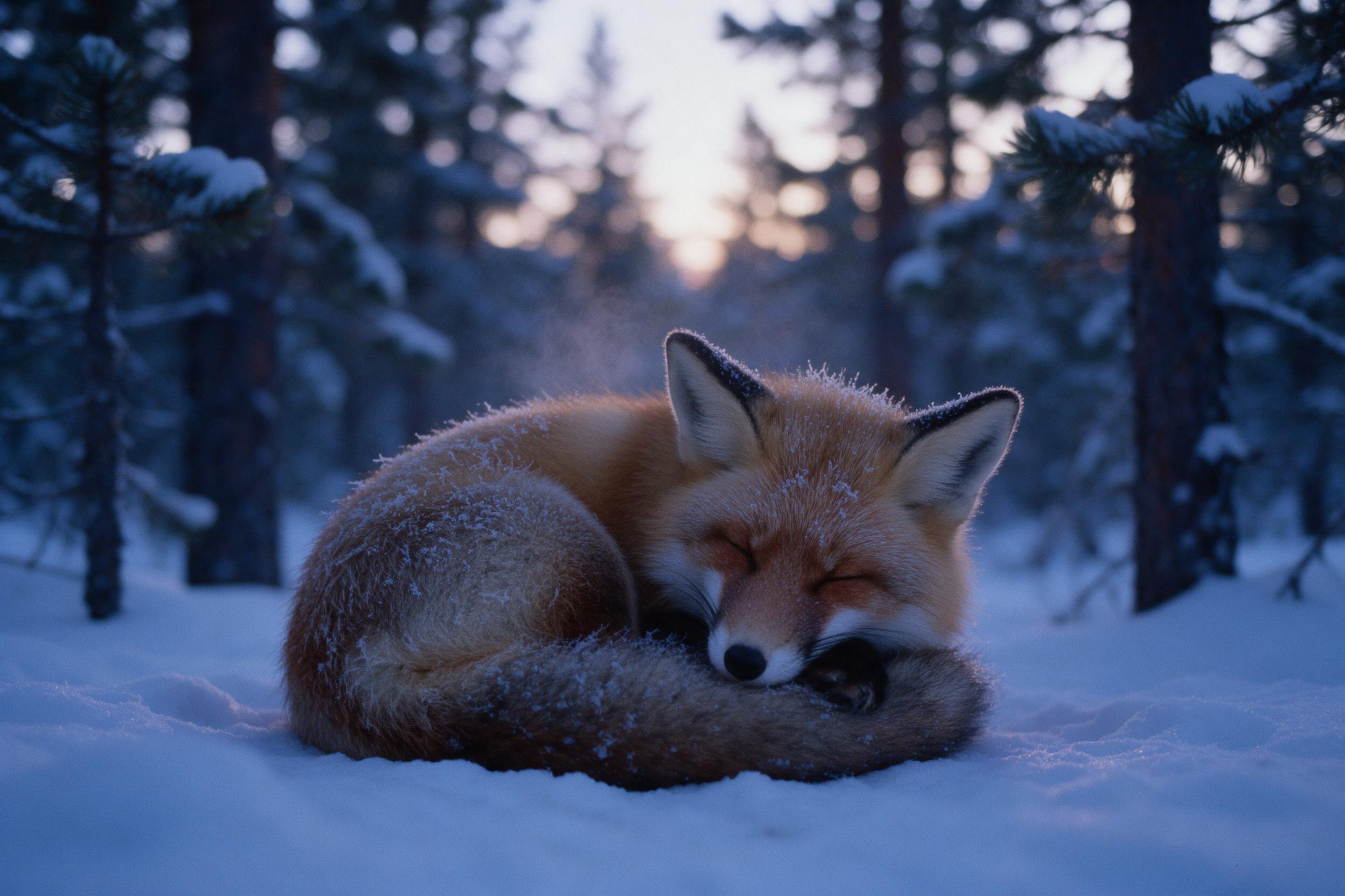 A red fox curled asleep in a snow-dusted pine forest at blue hour, frost clinging to its fur, breath forming a faint mist, soft diffused twilight glow through trees, shallow depth of field, natural grain, calm mood