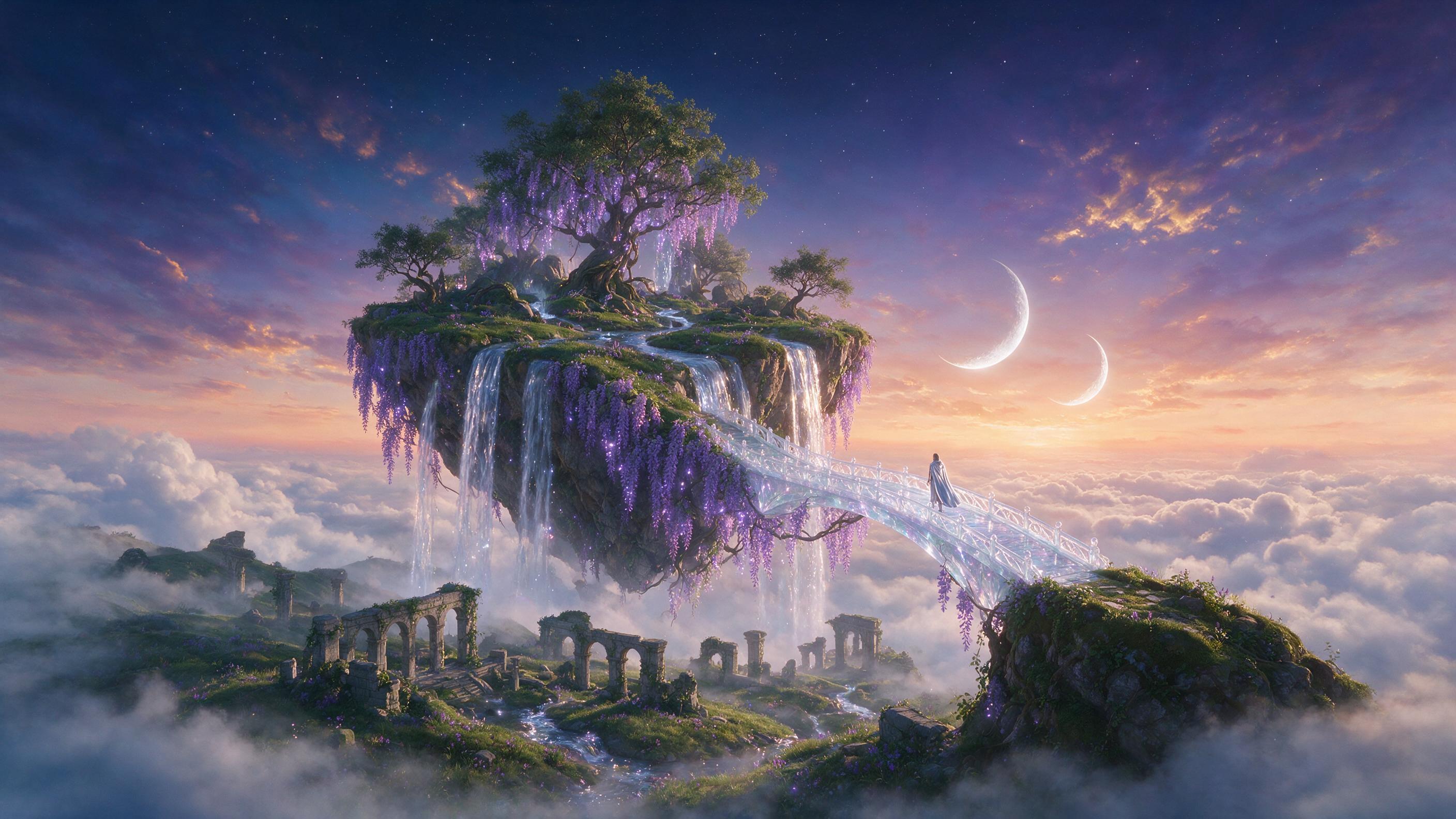 A luminous floating island at dusk, draped in cascading purple wisteria vines that glow with soft bioluminescence. A lone figure in a flowing silver cloak stands on a crystalline bridge, gazing at twin crescent moons hanging low in a star-scattered sky. Mist swirls around ancient stone ruins below, 