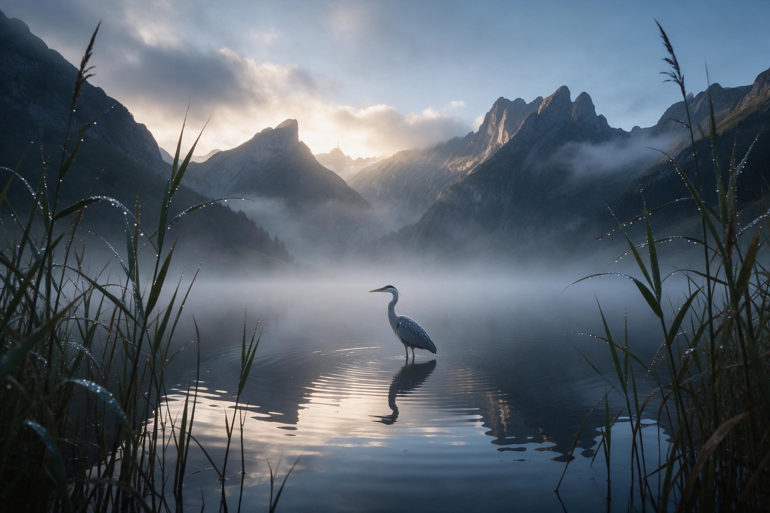A lone heron stands motionless in a misty alpine lake at dawn, reflections of jagged peaks rippling softly on the still water, pale golden light breaking through low clouds, dew-kissed reeds framing the foreground, subtle water droplets on the heron's feathers, cool blue and warm amber tones, gentle