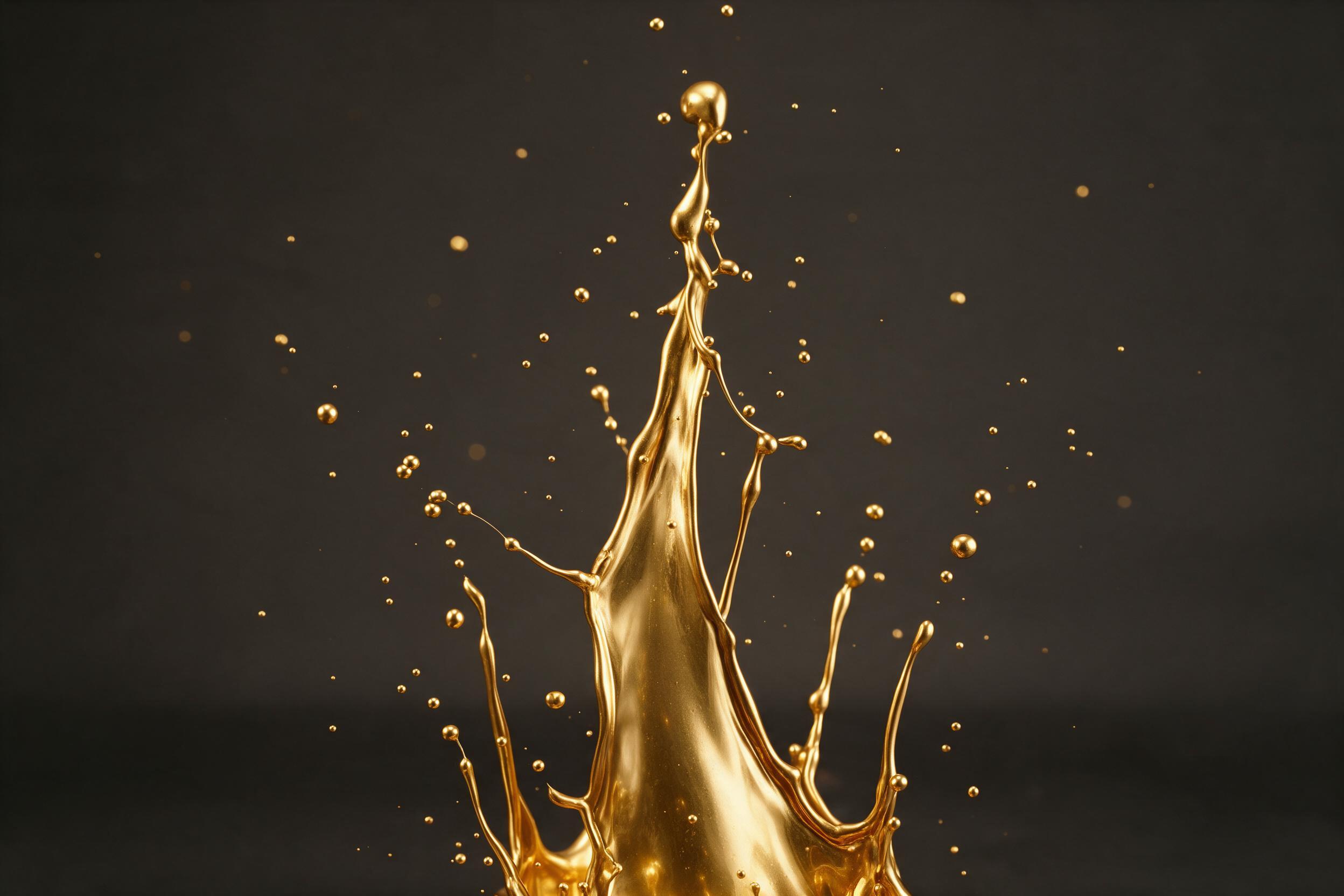 Molten gold liquid splashing upward against deep charcoal background, frozen in chaotic yet elegant motion, specular highlights catching tiny droplets, soft studio reflections on glossy surface, minimalist composition with negative space, warm tungsten lighting