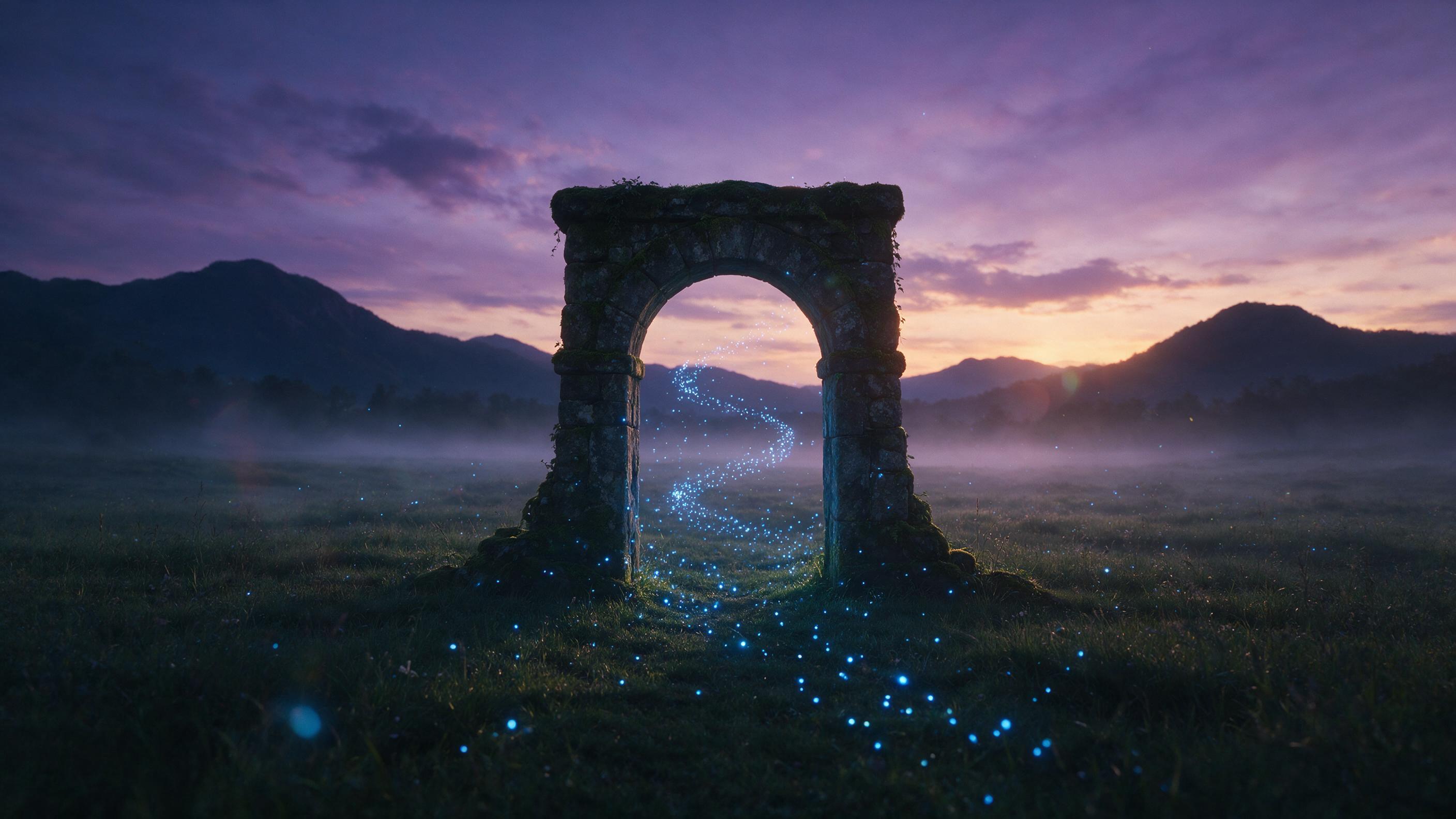 An ancient, moss-covered stone archway stands alone in a misty meadow at twilight, with glowing blue fireflies forming a spiral path through the arch, distant mountains silhouetted against a purple and orange sky, cinematic composition with soft natural lighting and lens flare