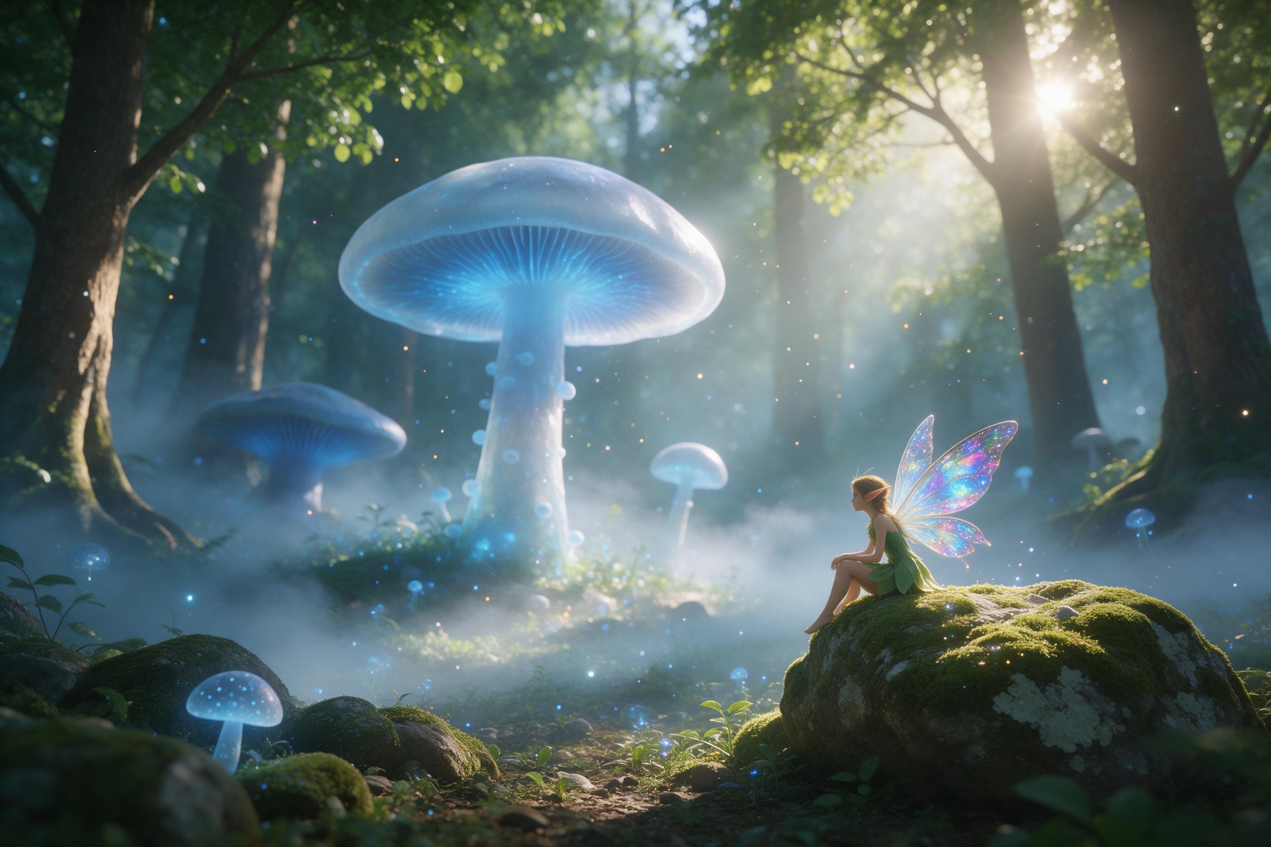 A sunlit forest clearing where giant translucent mushrooms glow with soft bioluminescent blue light, a small winged creature with iridescent wings rests on a mossy stone, dappled light filtering through the canopy, dreamy mist rolling along the ground, subtle particle sparkles floating in the air, w