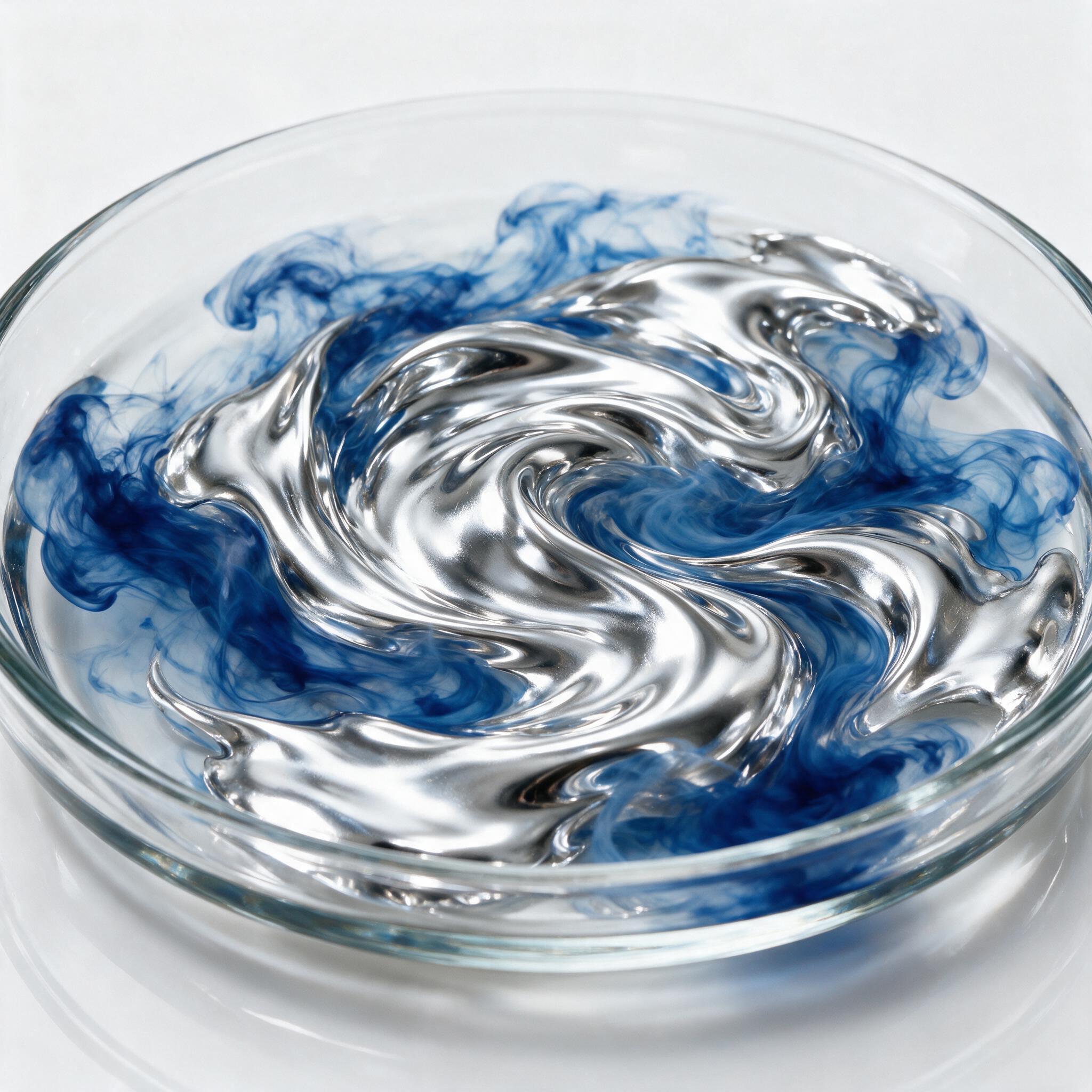 A close-up of flowing liquid silver and deep blue ink swirling in a glass dish, macro lens, soft studio lighting casting gentle reflections, sharp edges, no text, no blur, minimalist composition.