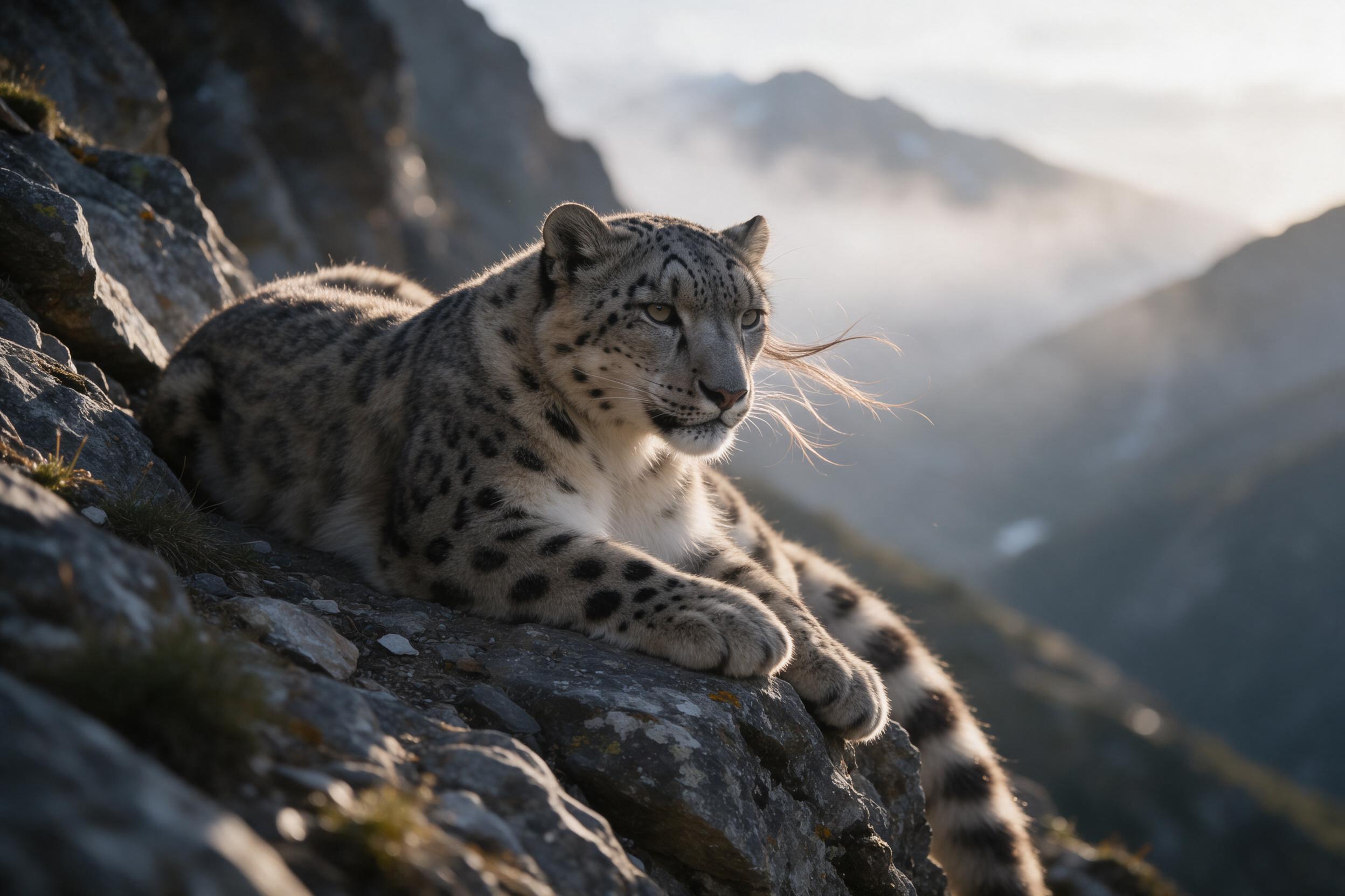 A snow leopard rests on a rocky cliff at dawn, its spotted fur catching warm alpine light, misty valley below, soft bokeh background, gentle wind ruffling fur, shallow depth of field, natural muted tones.