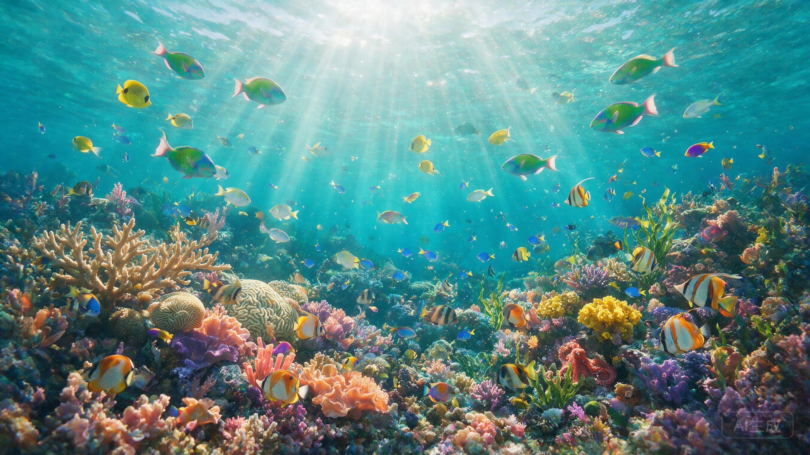 Underwater coral reef teeming with colorful fish, sunbeams penetrating through crystal clear water, vibrant marine ecosystem