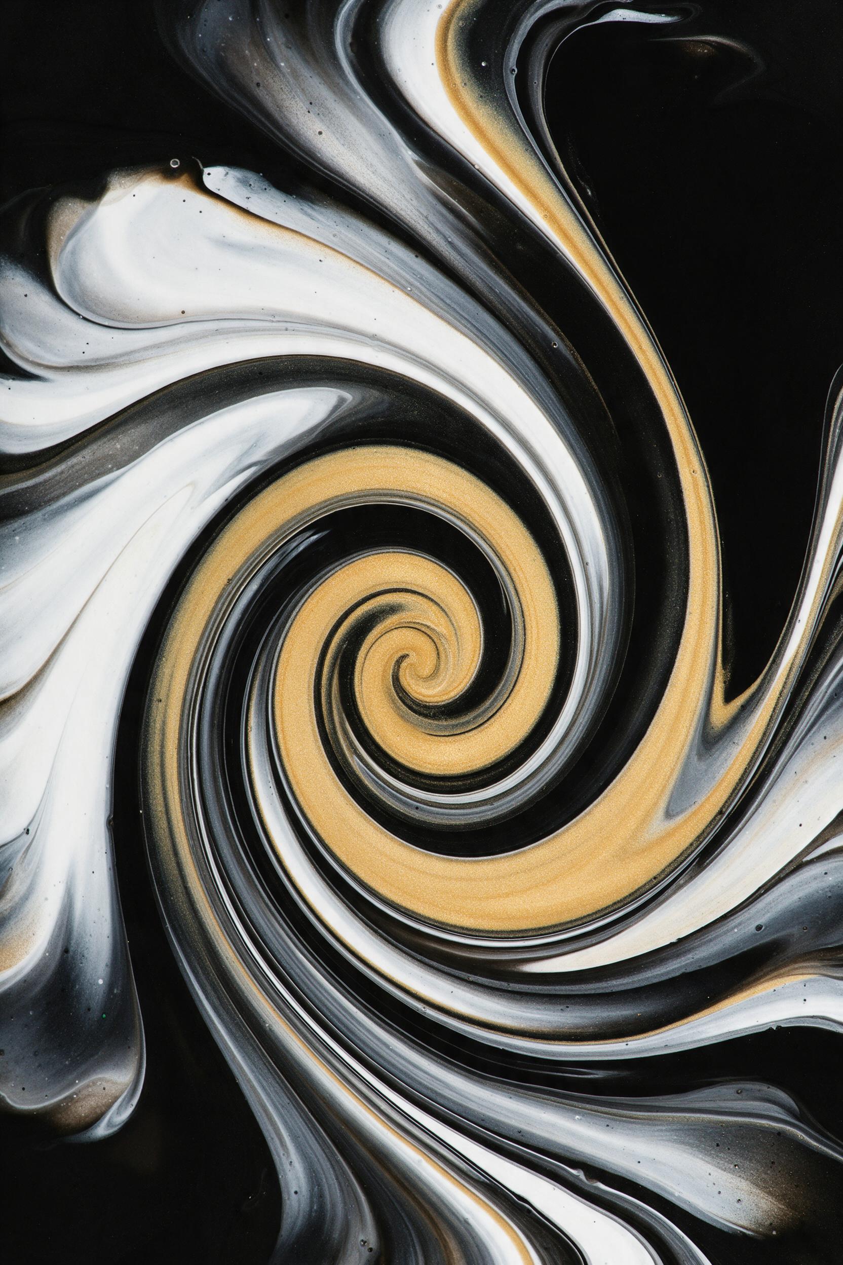 Fluid acrylic art, black and white ink swirls merging into a golden spiral at the core, chaotic yet balanced, long exposure-like silky motion, macro lens view with sharp edges and soft gradients, subtle reflections of light on the surface, plain dark background for contrast