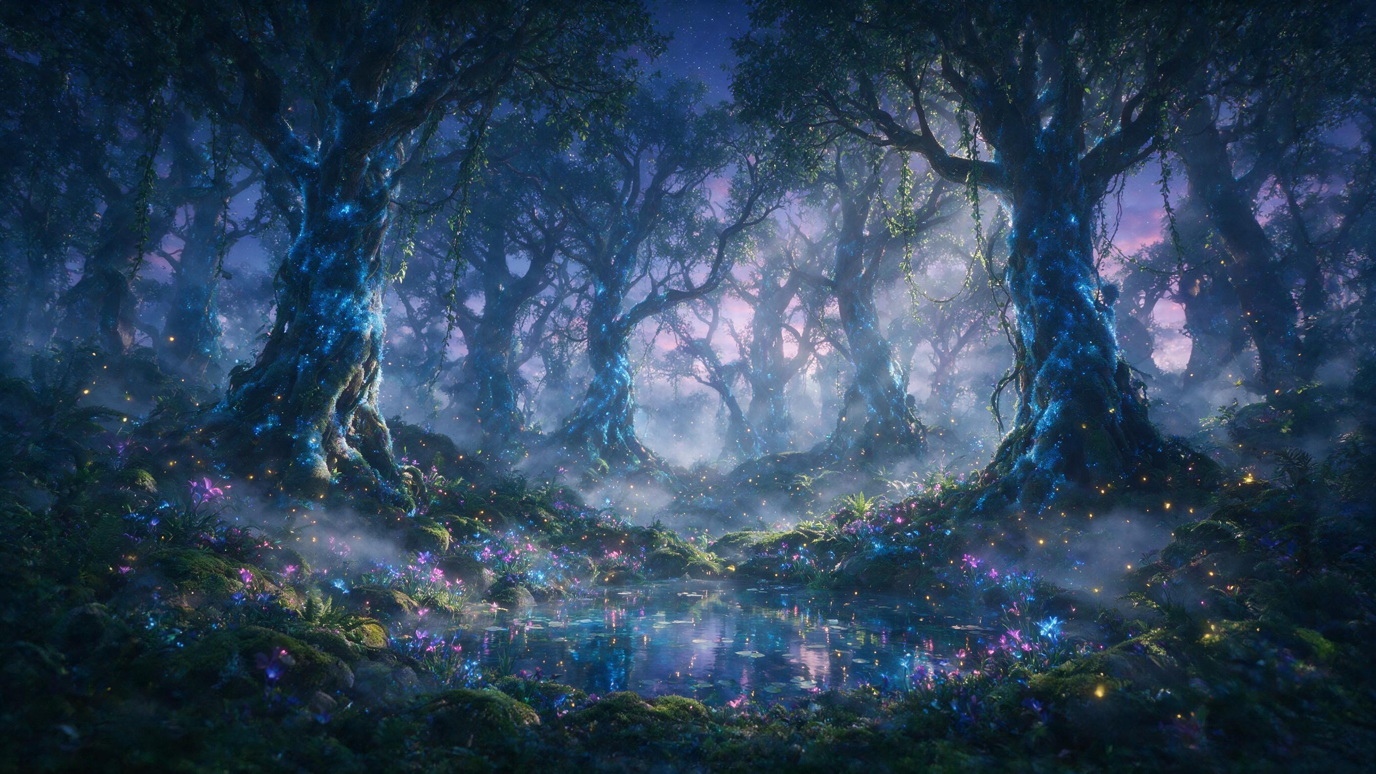 Enchanted forest at twilight, ancient trees wrapped in glowing blue moss, ethereal light beams piercing through fog, a small crystal-clear pond reflecting bioluminescent flowers, fireflies drifting like tiny stars, soft mist rolling over mossy rocks, dreamy atmosphere with muted greens and deep purp