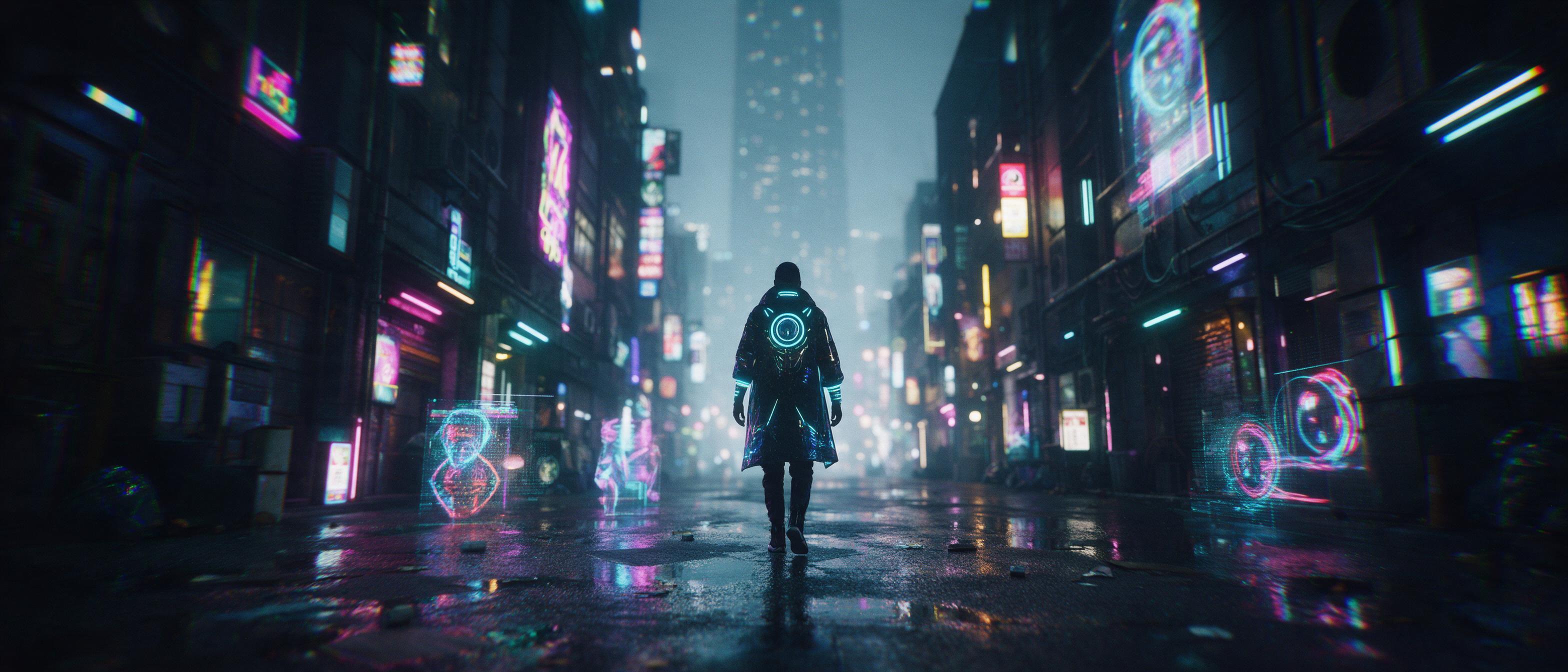 A neon-lit Tokyo alley at night, rain-slick asphalt reflecting holographic advertisements, a lone figure in a glowing cybernetic coat walking toward a distant, towering skyscraper that blurs into the fog, cinematic composition, shallow depth of field, subtle chromatic aberration, moody atmospheric l