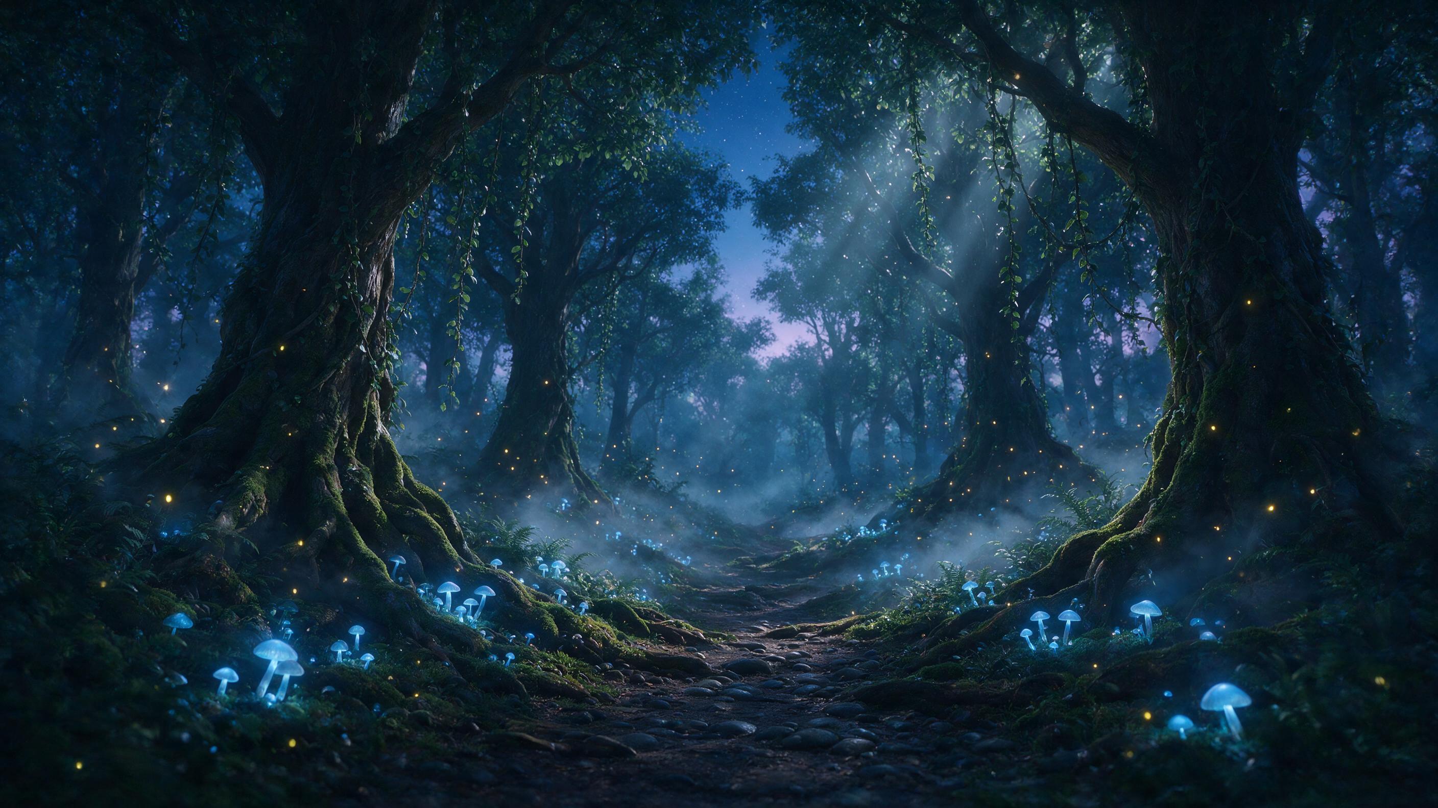 A mystical forest at twilight, bioluminescent mushrooms casting a soft blue glow on a winding path, ancient trees with twisted roots, fireflies floating in the air, mist creeping between the trunks, moonbeams breaking through the canopy, ethereal and serene atmosphere