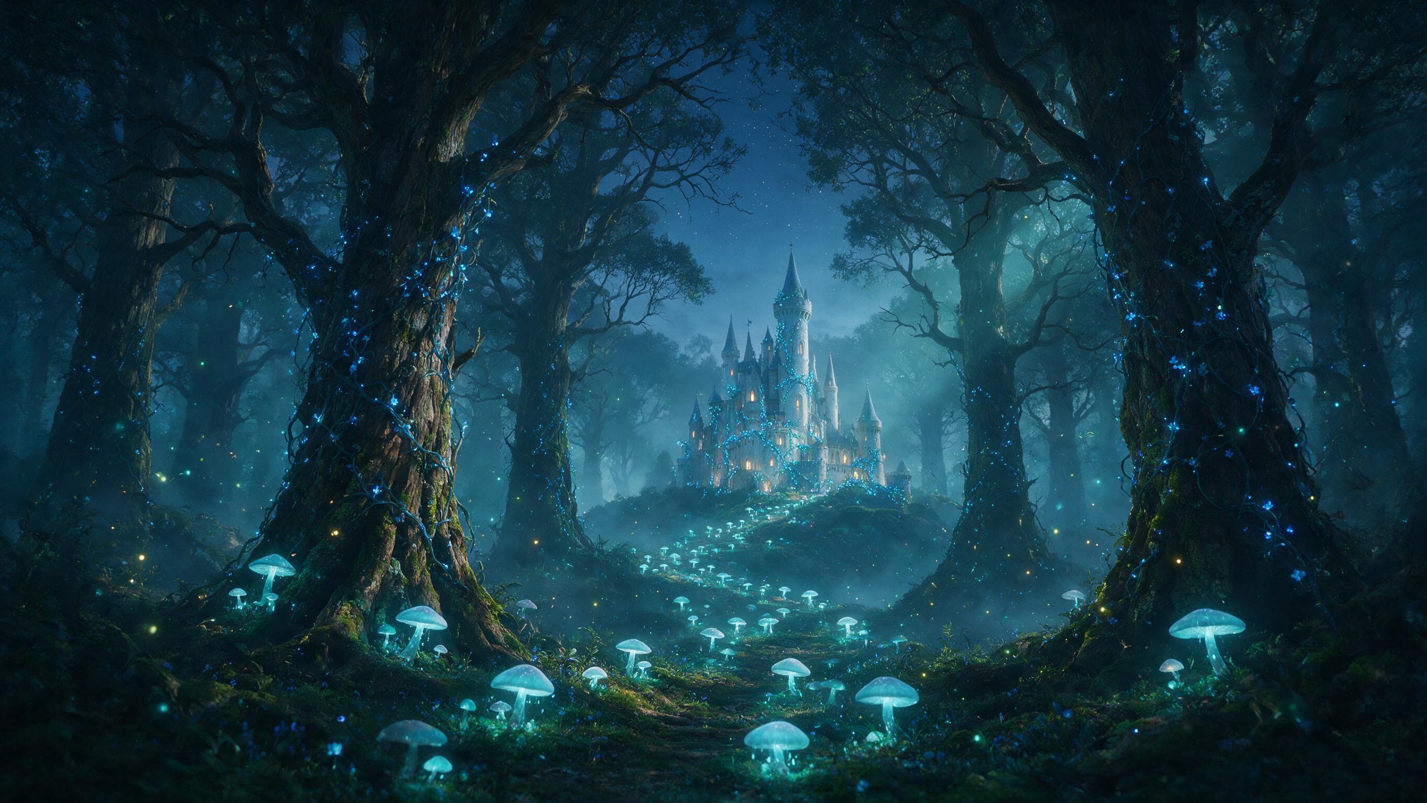 A misty forest at twilight, ancient gnarled trees entwined with glowing blue vines, a path of floating luminescent mushrooms leading to a distant shimmering castle, fireflies drifting in the damp air, soft teal moonlight filtering through fog, cinematic composition with layered silhouettes, subtle l