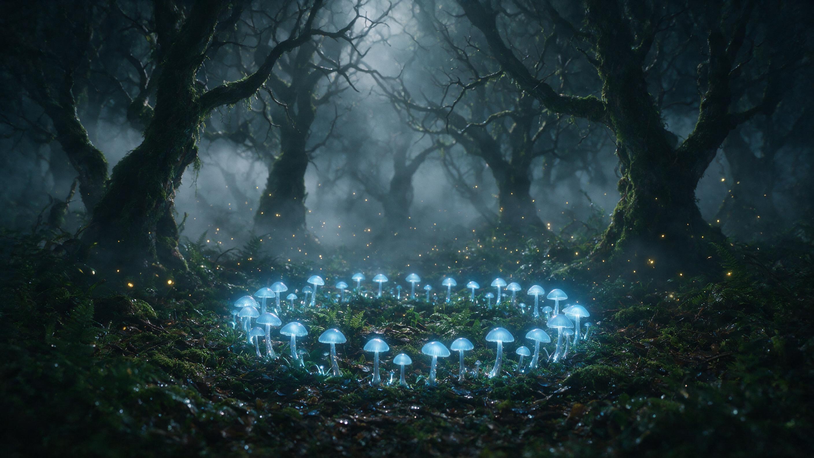 A luminous glowing mushroom circle in a misty ancient forest, soft blue bioluminescence reflects off damp ferns, fireflies drifting mid-air, moonlight filtering through twisted branches, shallow depth of field, magical atmosphere, slight grain, no harsh shadows