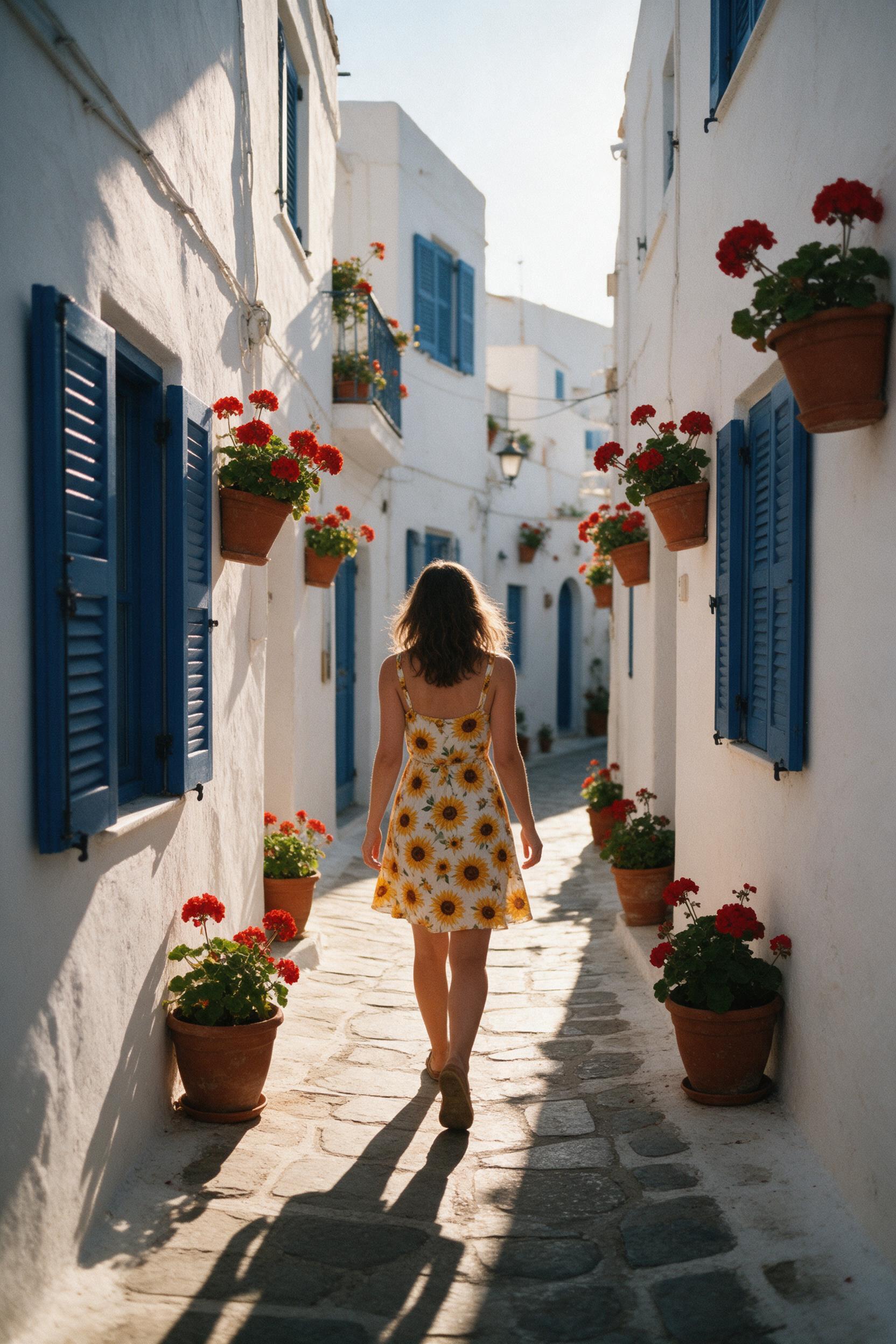 Sunlit narrow alley in a Mediterranean town, whitewashed walls, cobalt blue shutters, terracotta pots with red geraniums, a young woman in a sunflower dress walking away, warm afternoon light, long shadows, film grain, slight vignette