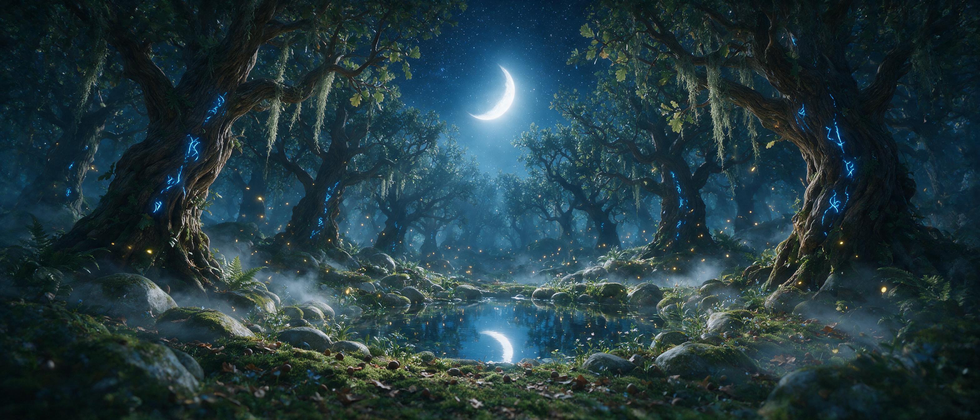 A moonlit enchanted forest glade, ancient twisted oaks with glowing blue runes, silver mist curling between mossy stones, a small crystal-clear pond reflecting a crescent moon, fireflies drifting in soft golden light, cinematic composition with a low-angle view, subtle volumetric light rays through 