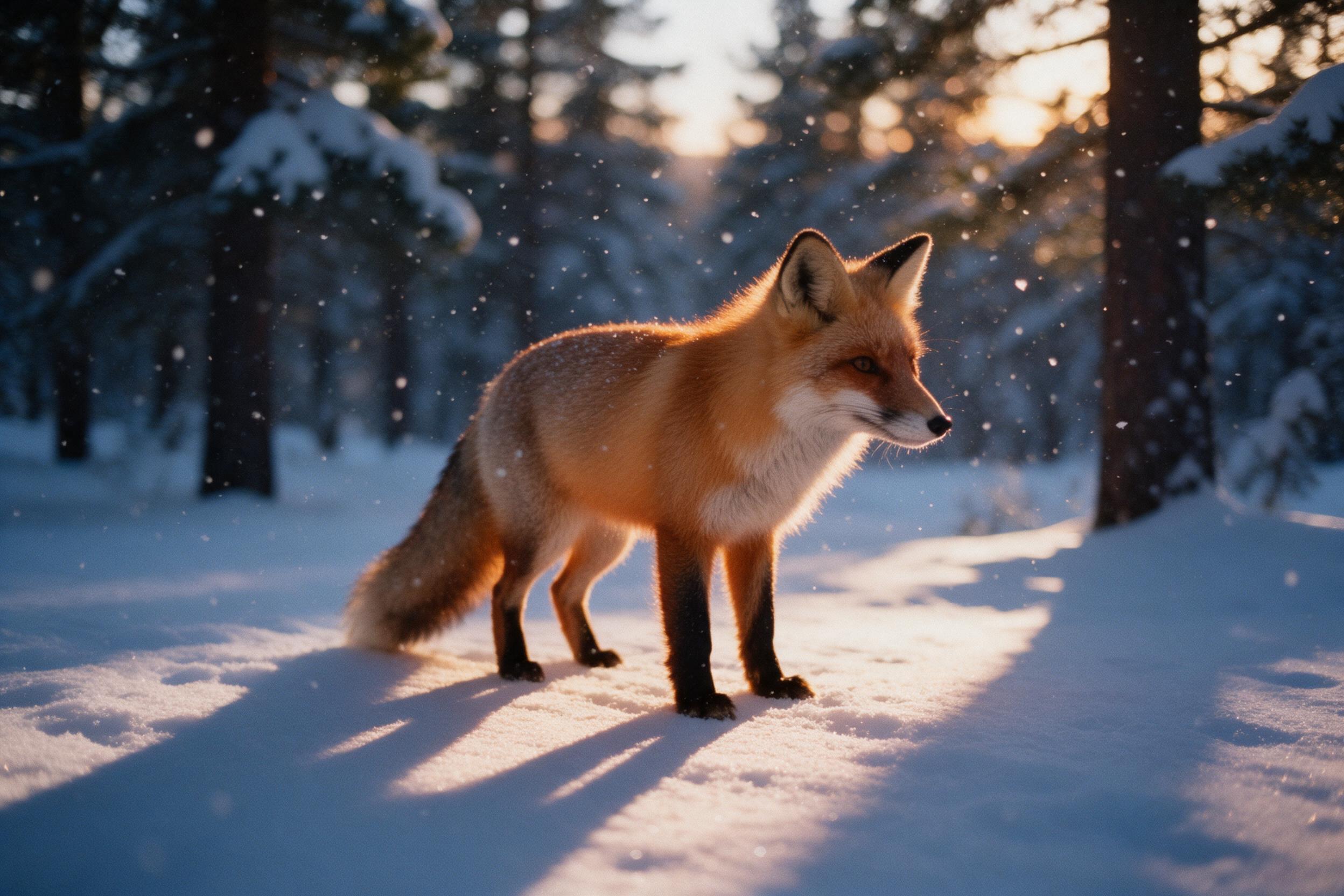 A red fox in a snow-covered pine forest at dusk, fur glowing with warm amber light, snowflakes falling, long shadows on the blue-white snow, soft bokeh from trees, shallow depth of field, natural grain, slight camera shake.