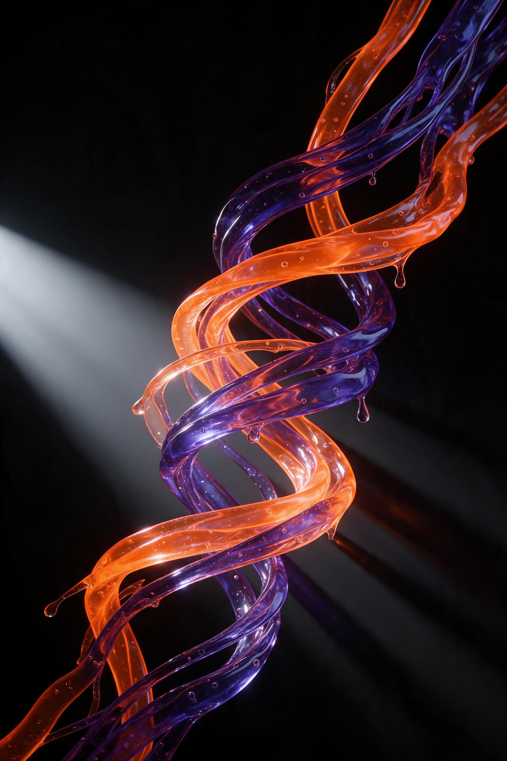 Molten glass ribbons spiral upward in a dark void, each strand glowing with translucent neon orange and deep violet, capturing fluid motion frozen mid-twist. A single beam of cool white light rakes across from the left, casting sharp shadows and revealing glossy, uneven surfaces with tiny air bubble
