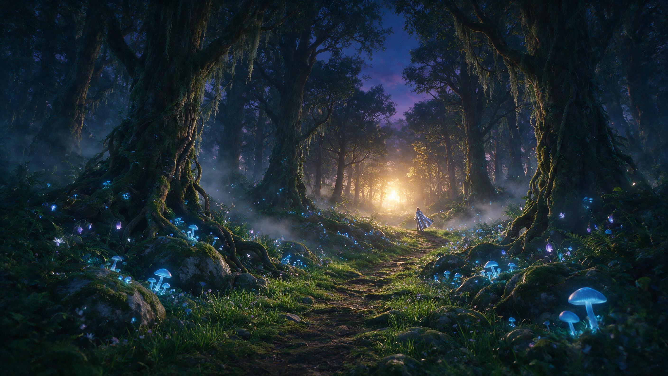 A mystical forest at twilight, where glowing blue mushrooms and luminous flowers line a winding moss-covered path. Soft mist swirls between ancient trees with gnarled roots. A lone figure in a flowing silver cloak stands at the path's curve, backlit by a distant golden glow. Warm amber light filters