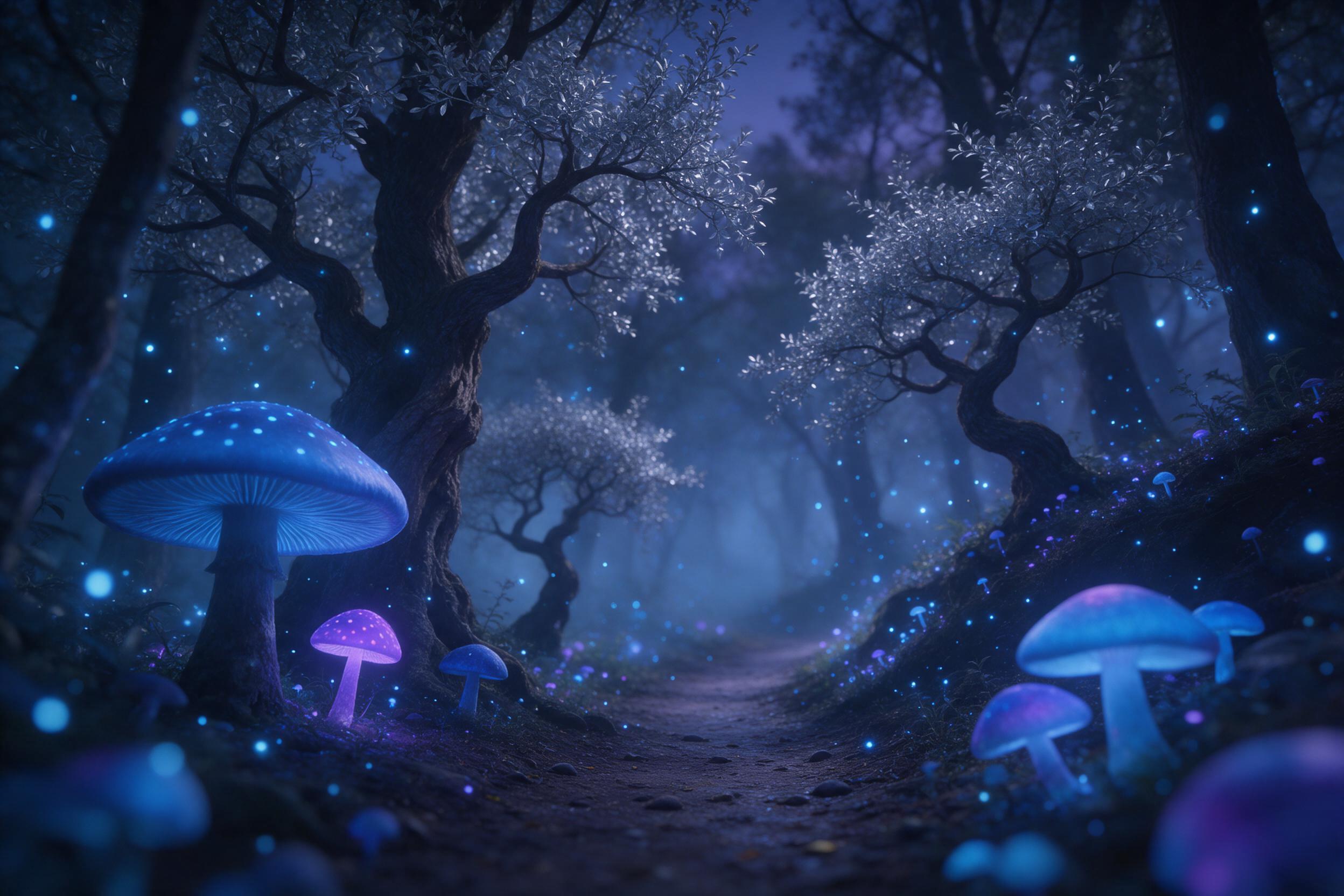 A bioluminescent forest at dusk, giant glowing mushrooms casting blue and purple light on a misty path, ethereal fireflies swirling, ancient twisted trees with silver leaves, soft dreamlike atmosphere, shallow depth of field, cinematic composition