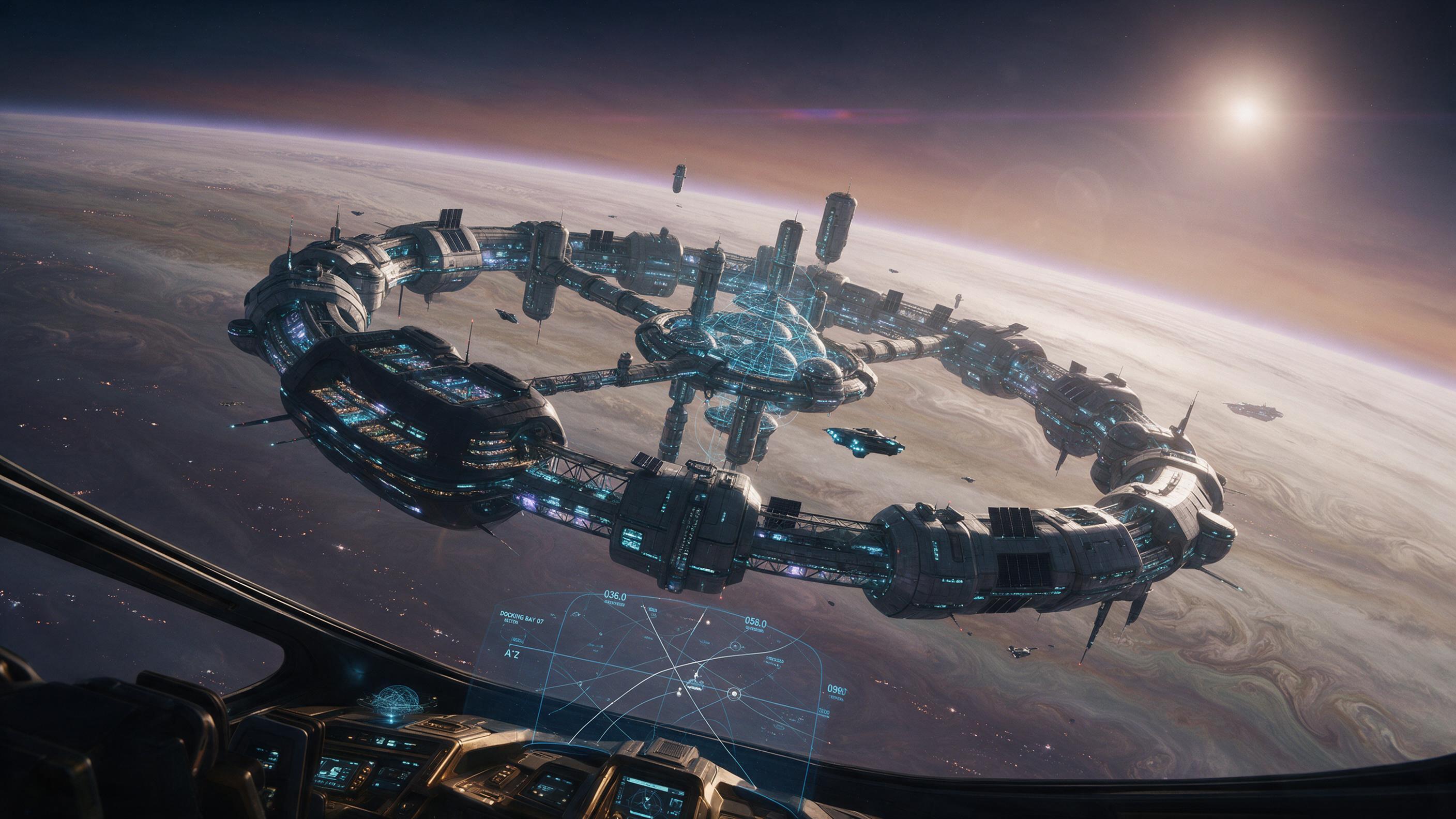 Futuristic orbital city at twilight, ring-shaped habitat rotating above a gas giant's swirling clouds, glowing cyan lights along the structure, small sleek ships darting between modules, soft volumetric light from distant star, slight lens flare, deep shadows, cinematic composition
