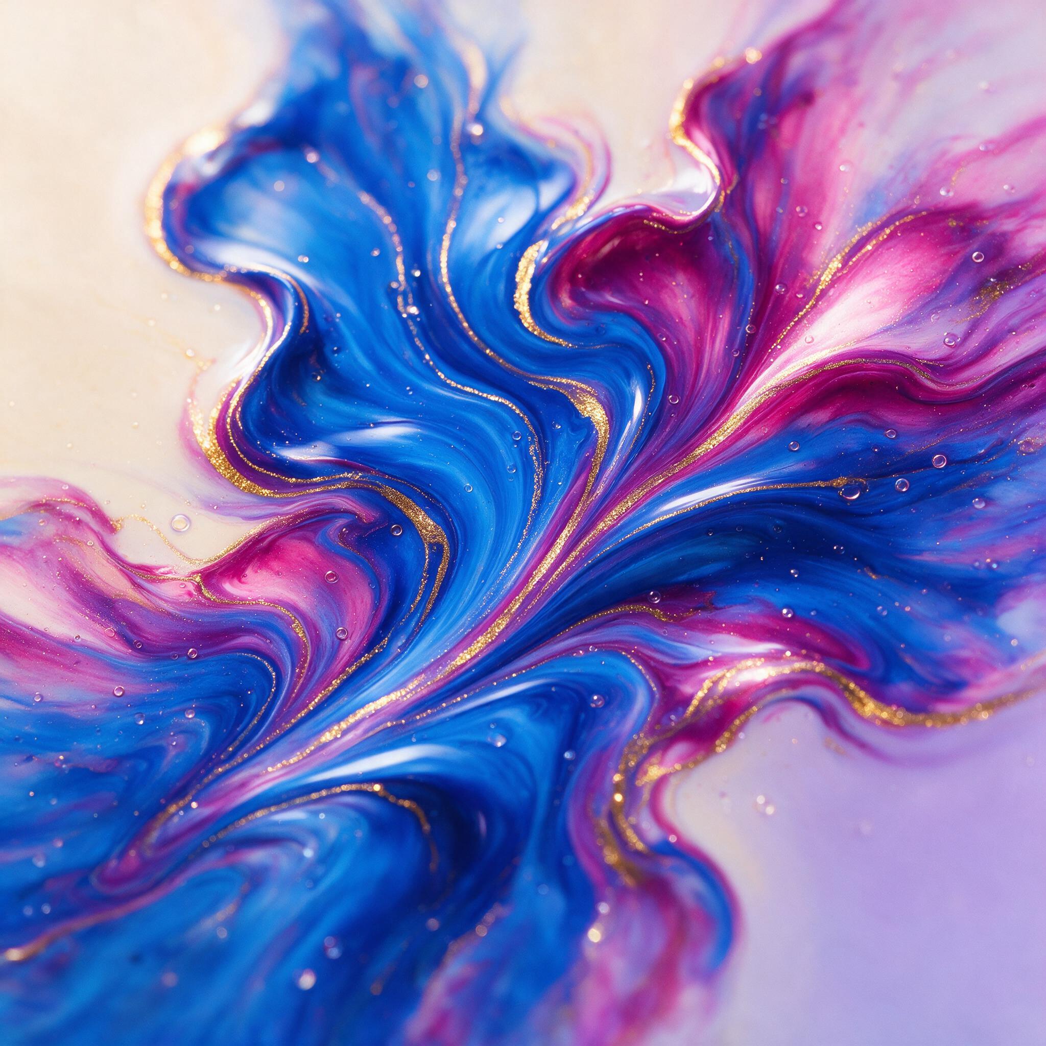 Vibrant fluid art composition with swirling shades of electric blue and magenta, golden metallic veins creating organic paths, soft gradient background, macro view capturing glossy reflections and fine bubble details, studio lighting with subtle rim light, minimal depth of field, sharp center focus