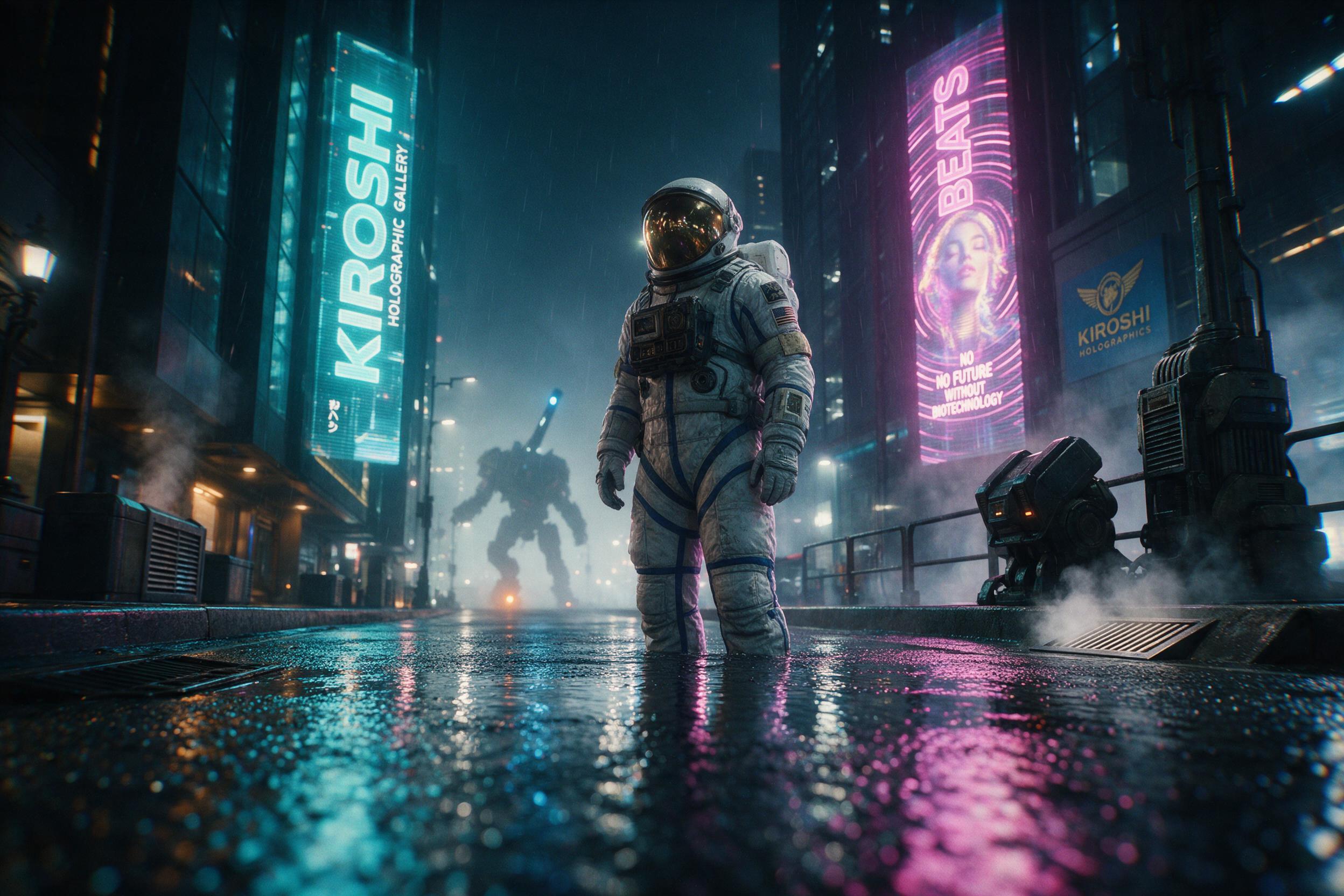 A lone astronaut stands on a rain-slicked neon-lit street, reflective visor catching the glow of vertical holographic ads in cyan and magenta. Mist curls from vents, a distant mech silhouette looms. Dramatic low-angle shot, shallow depth of field, faint chromatic aberration, cinematic atmosphere.