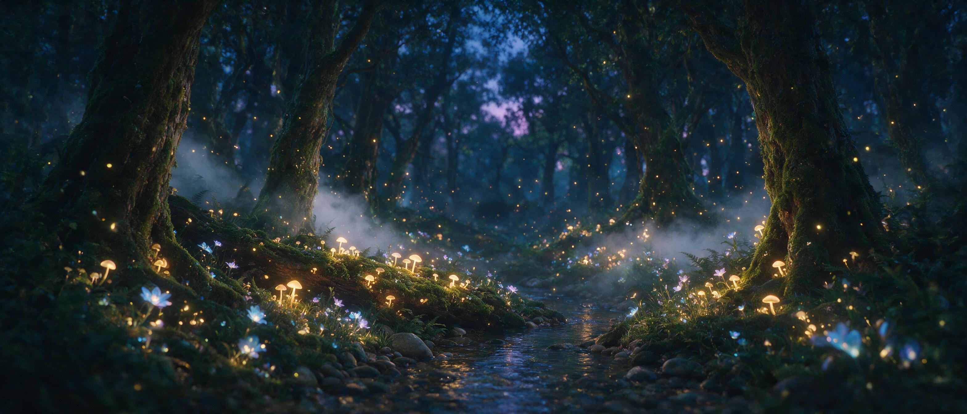 Ethereal forest at twilight, glowing mushrooms and luminous flowers scattered among ancient mossy trees, soft mist drifting between trunks, fireflies dancing in the air, warm golden light from bioluminescent flora, shallow depth of field, cinematic composition, natural grain