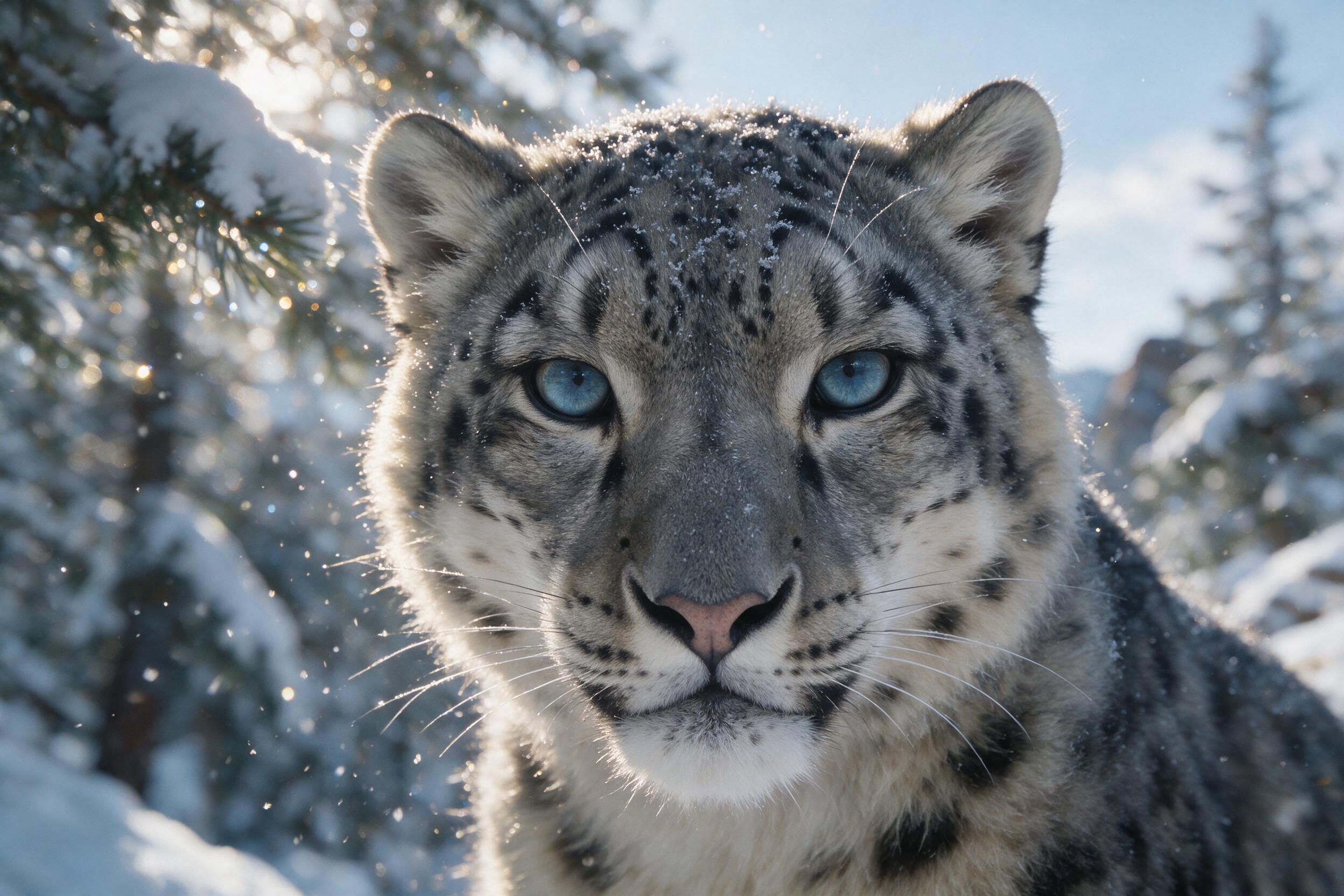 A close-up shot of a snow leopard's face, with striking blue-grey eyes, fur dusted with frost, intense gaze, soft morning light filtering through snowy branches, shallow depth of field, natural grain, snow particles in the air