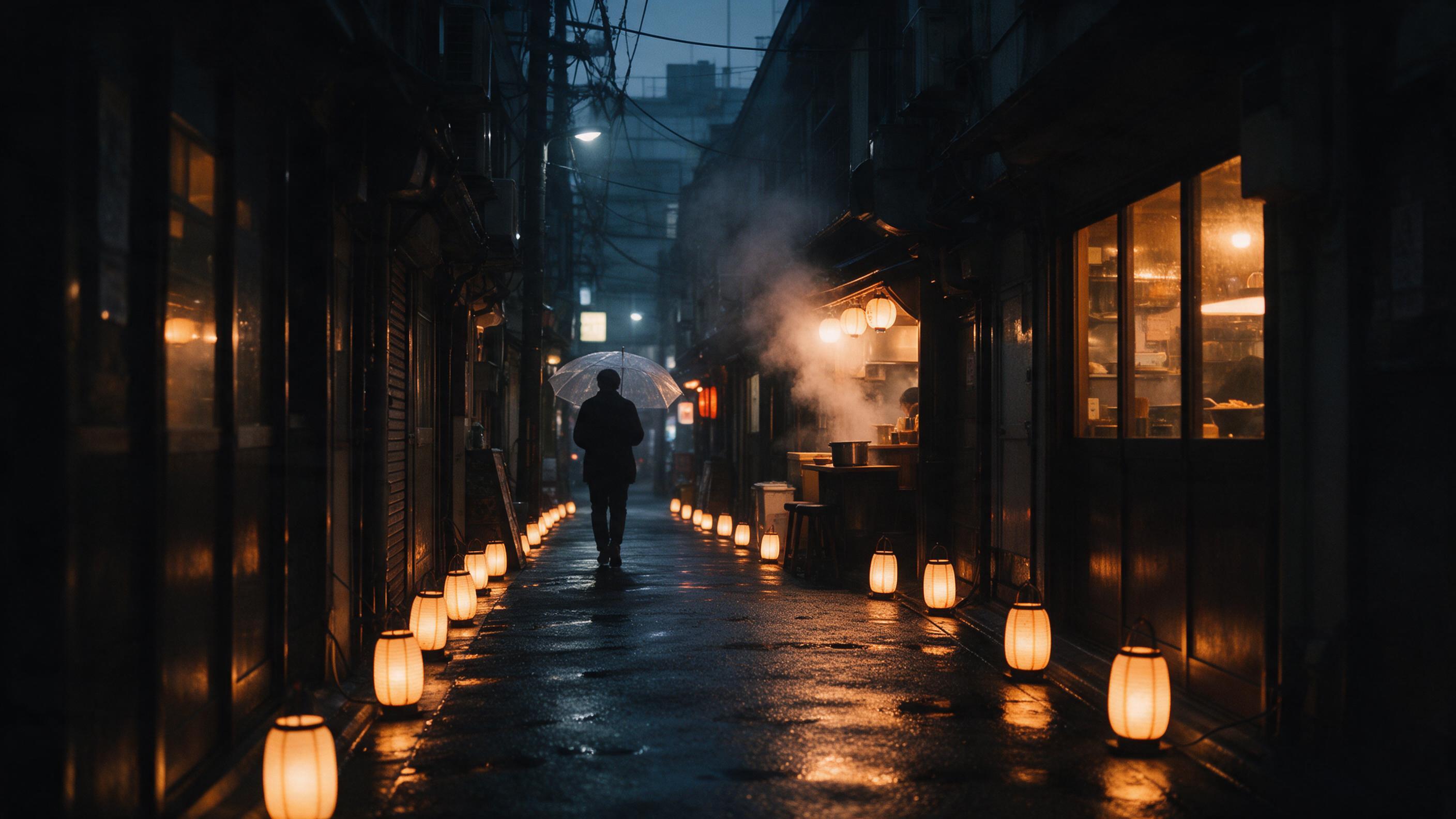 A rainy evening at a Tokyo alley, narrow street lined with small lanterns reflecting on wet pavement, a lone silhouette with a transparent umbrella walking away, steam rising from a nearby noodle shop, warm amber lights from windows, cool blue twilight haze, cinematic composition with leading lines,