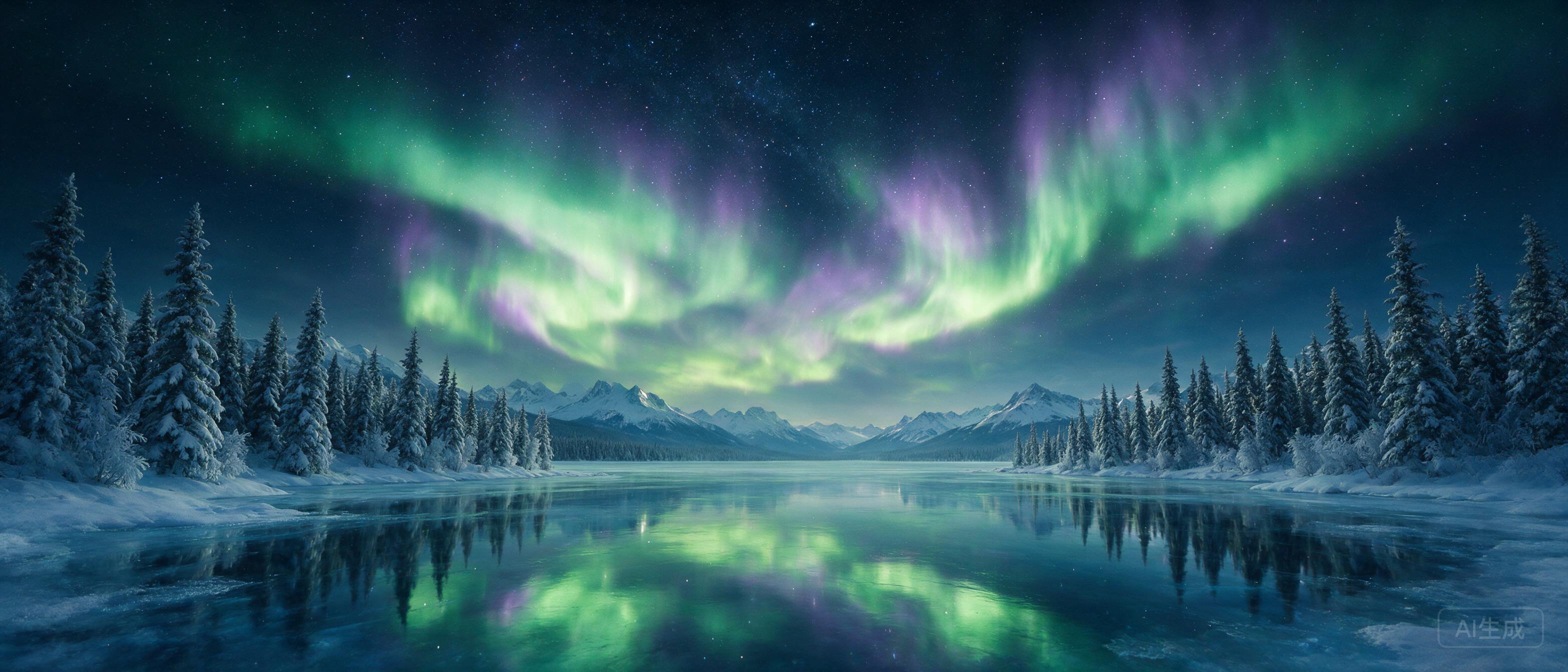 Aurora borealis dancing over a frozen lake, snow-covered trees, starry sky, reflection in the ice, ethereal green and purple lights