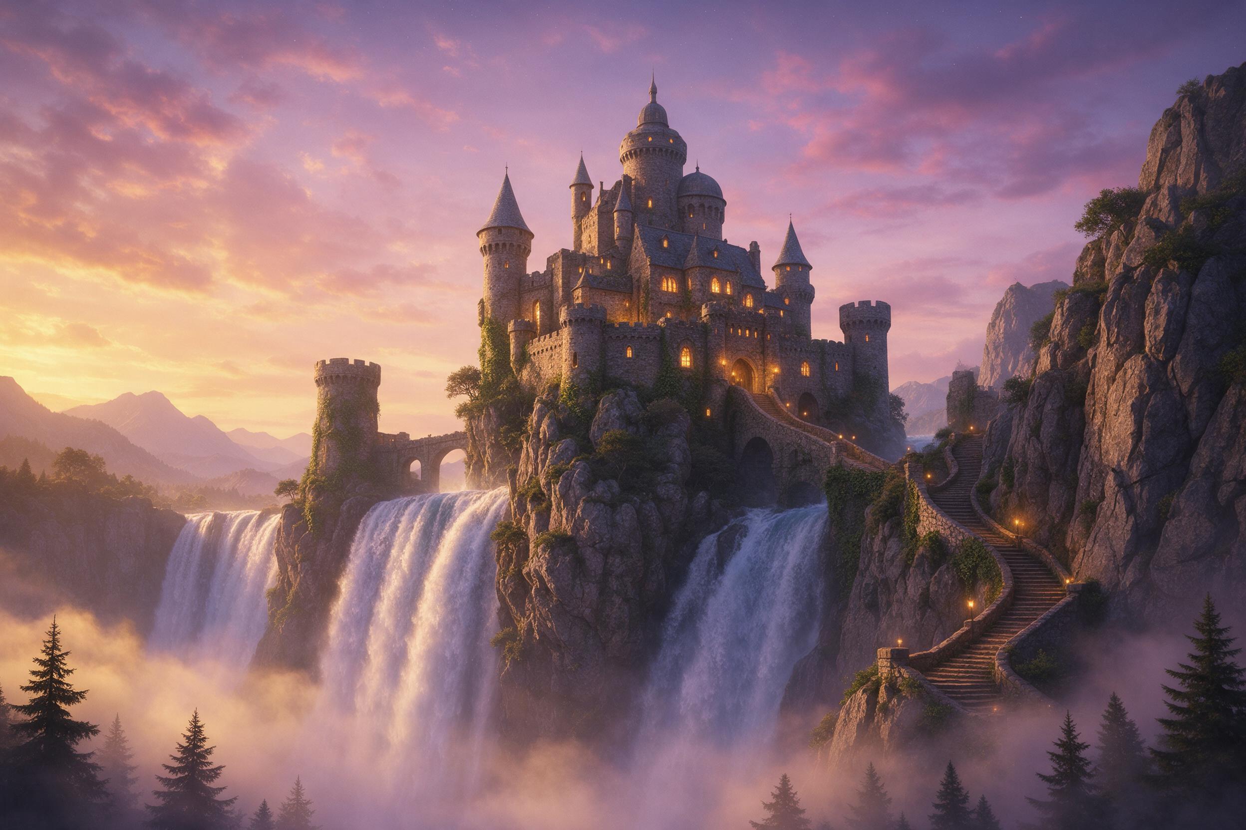 An ancient floating castle sits atop a massive waterfall cascading into a glowing mist at twilight. Ivy-covered stone towers, warm lantern light through arched windows, a winding staircase carved into the cliff beside the falls. Soft lavender and gold sky, stars emerging, long shadows from the low s