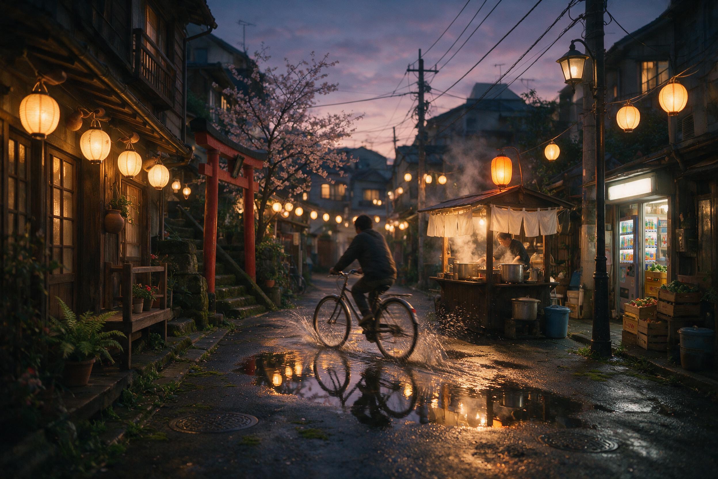 A narrow Tokyo alley at dusk, warm lantern light reflecting on wet asphalt, steam rising from a ramen stand, a lone cyclist crossing a puddle, shallow depth of field, slight motion blur, natural street lighting