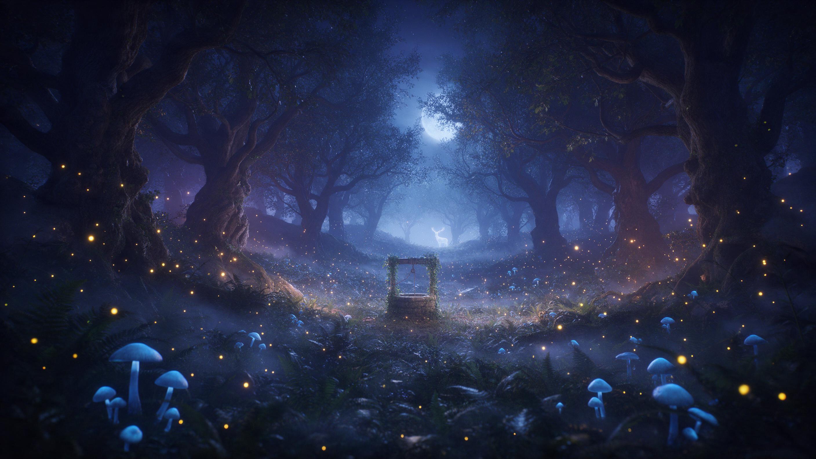 A moonlit forest clearing, ancient gnarled trees with glowing blue mushrooms, a faint mist weaving between ferns, soft golden fireflies dancing, a small stone well overgrown with ivy, distant ethereal silhouette of a white stag, cool blue and purple tones with warm highlights, gentle rim lighting, s