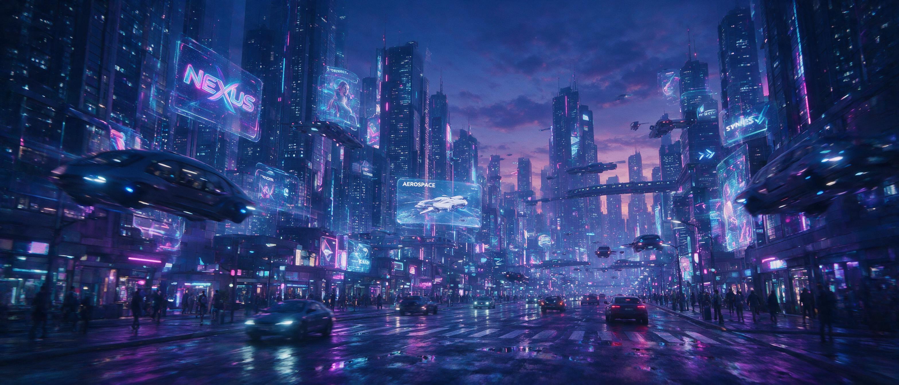 Futuristic cityscape at dusk, neon lights reflecting on wet asphalt, towering holographic billboards, flying taxis zipping between skyscrapers, soft purple and blue ambient glow, slight motion blur from traffic, cinematic composition, shallow depth of field