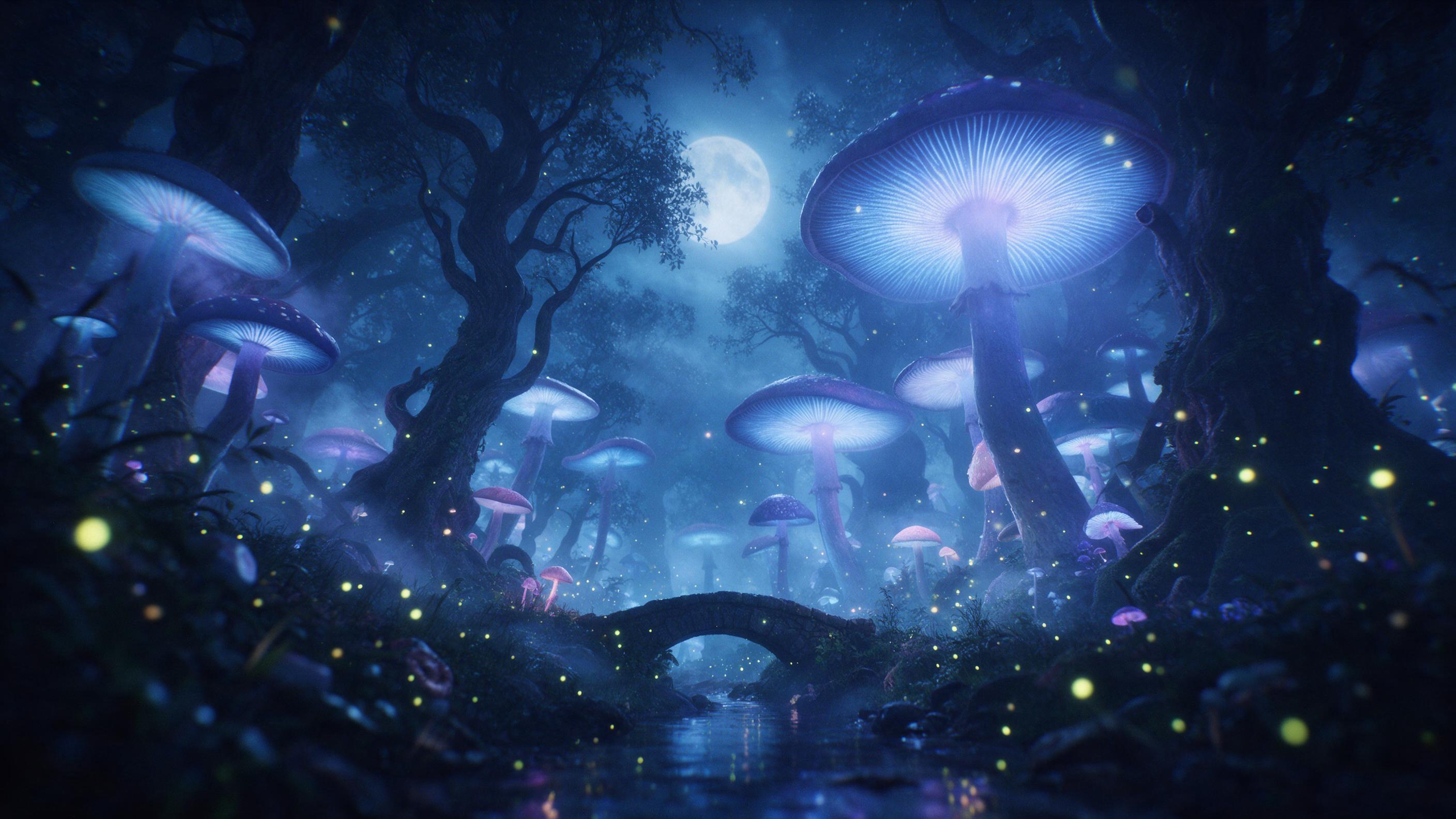A moonlit enchanted forest with towering luminescent mushrooms casting soft blue and violet glow, mist weaving between ancient twisted trees, a small stone bridge over a reflective stream, fireflies drifting, ethereal atmosphere, low-angle composition, shallow depth of field, subtle grain