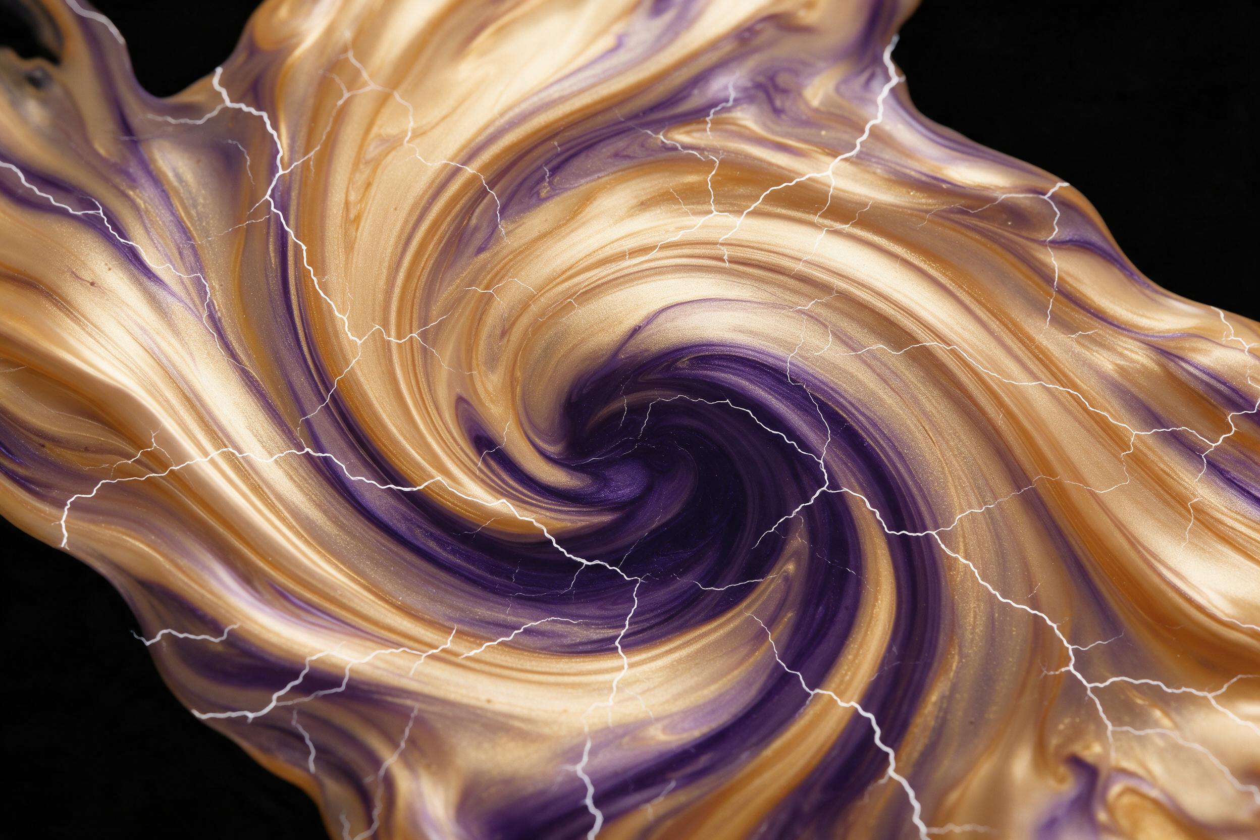 A fluid gradient of molten gold and deep violet swirling in suspended motion, with thin white cracks fracturing the surface like lightning, captured in macro detail, soft studio lighting reflecting off liquid textures, on a matte black background, no people, no text.