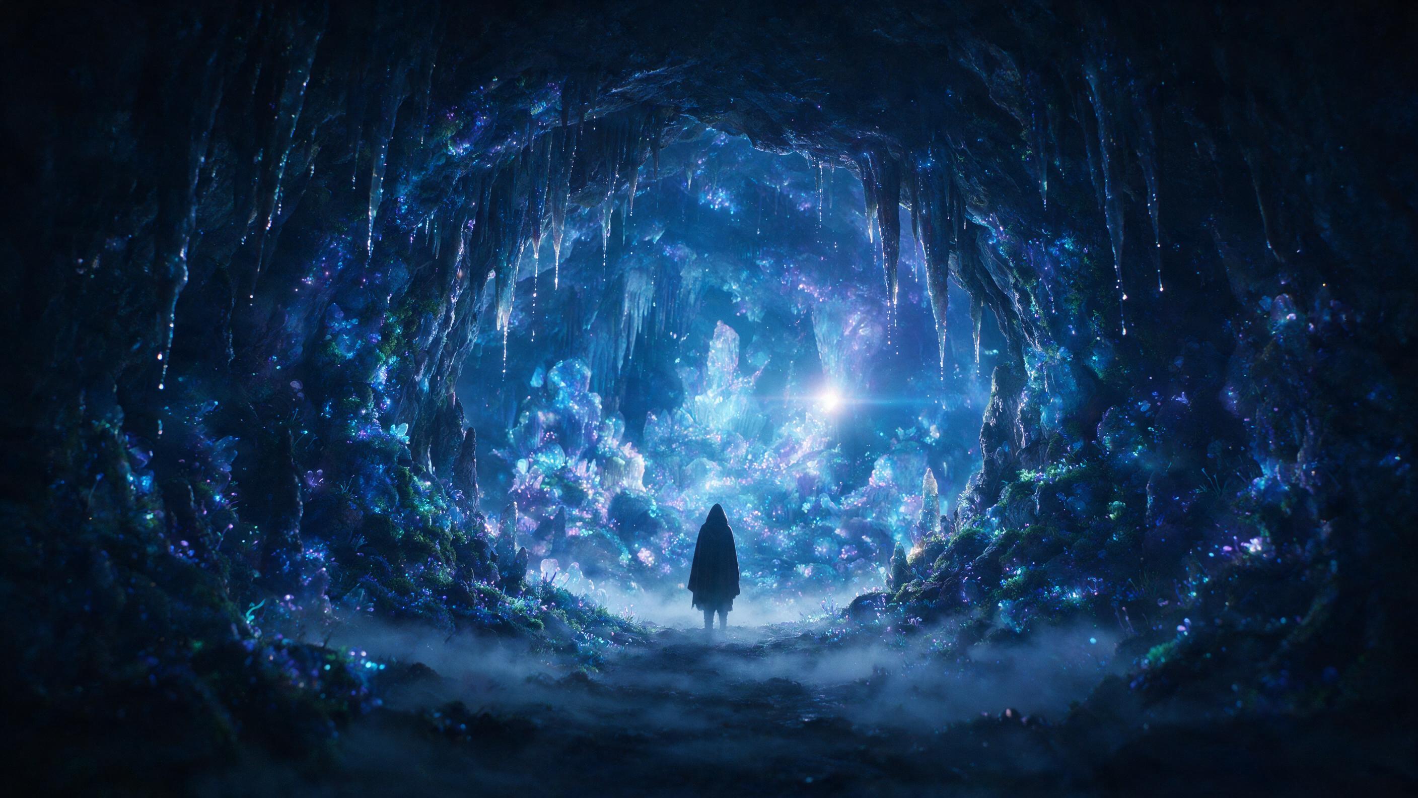 A luminous crystal cave deep underground, bioluminescent moss and fungi casting soft blue and purple light, stalactites dripping with glowing water, mist swirling at ankle height, a lone figure in a hooded cloak stands at the cave entrance, cinematic lighting, shallow depth of field, slight lens fla