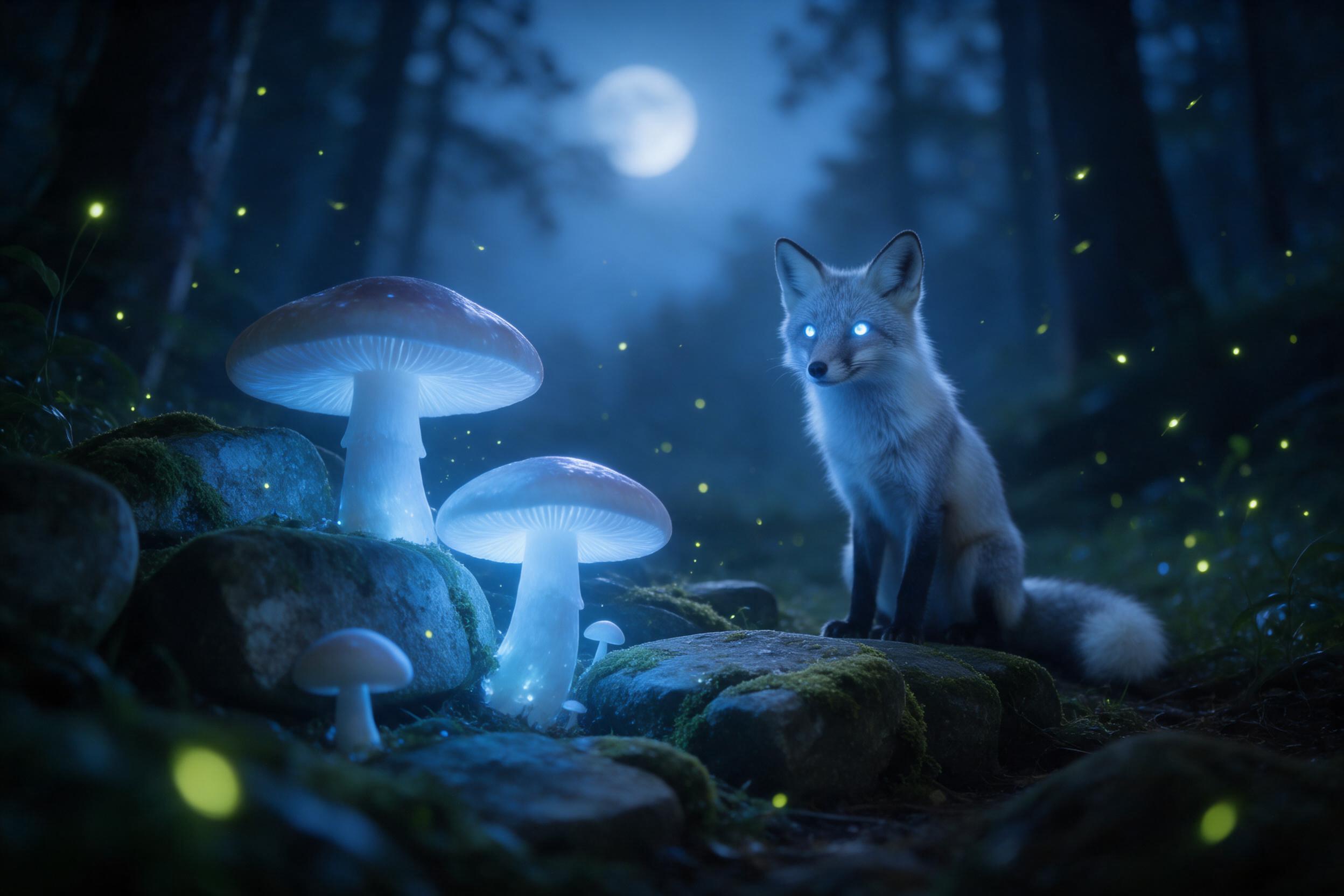 A misty moonlit forest clearing where giant glowing mushrooms cast soft blue light on ancient moss-covered stones, a silver fox with luminescent eyes sits alert, fireflies drift in the cool air, shallow depth of field, ethereal atmosphere